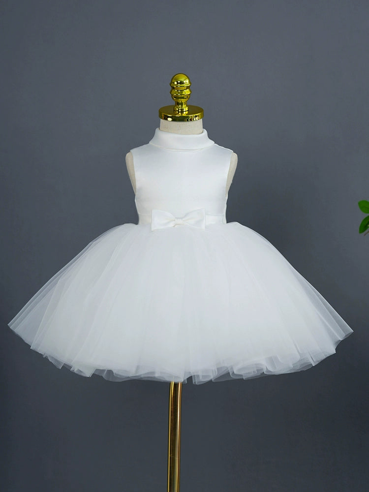 Princess Mock Neck Tea Length Satin Flower Girl Dress in White - Perfect for Weddings, Pageants & Special Occasions