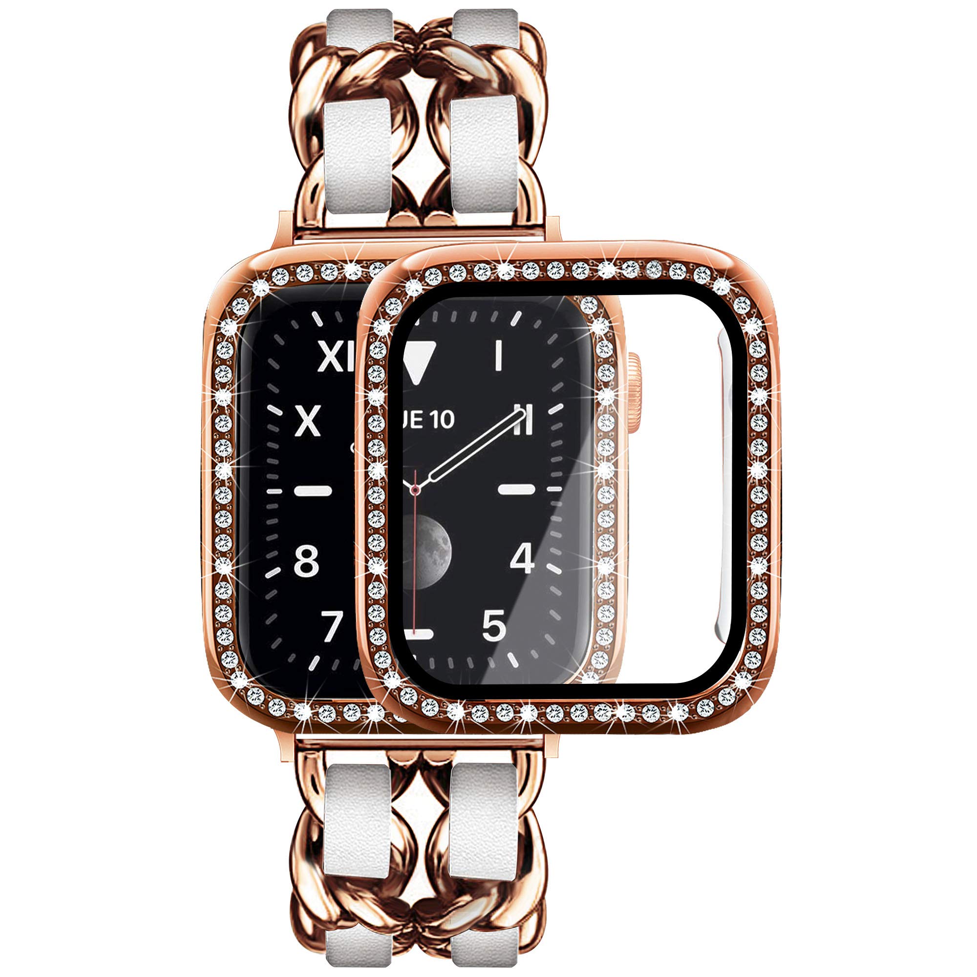 Elegant Rose Gold Metal Band with White Leather Strap for Apple Watch 40mm - Compatible with Series SE/6/5/4, Includes 2-Pack Screen Protectors & Bling Case Cover - Perfect for Women's Fashion, Jewelry Bracelets & Everyday Wear