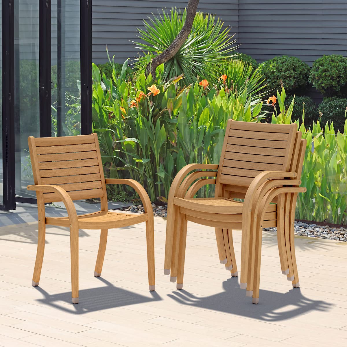 Amazonia Arizona Teak Finish Stacking Patio Chairs - Set of 4 Durable Indoor Outdoor Furniture for Garden, Poolside, Deck & Backyard - Light Brown