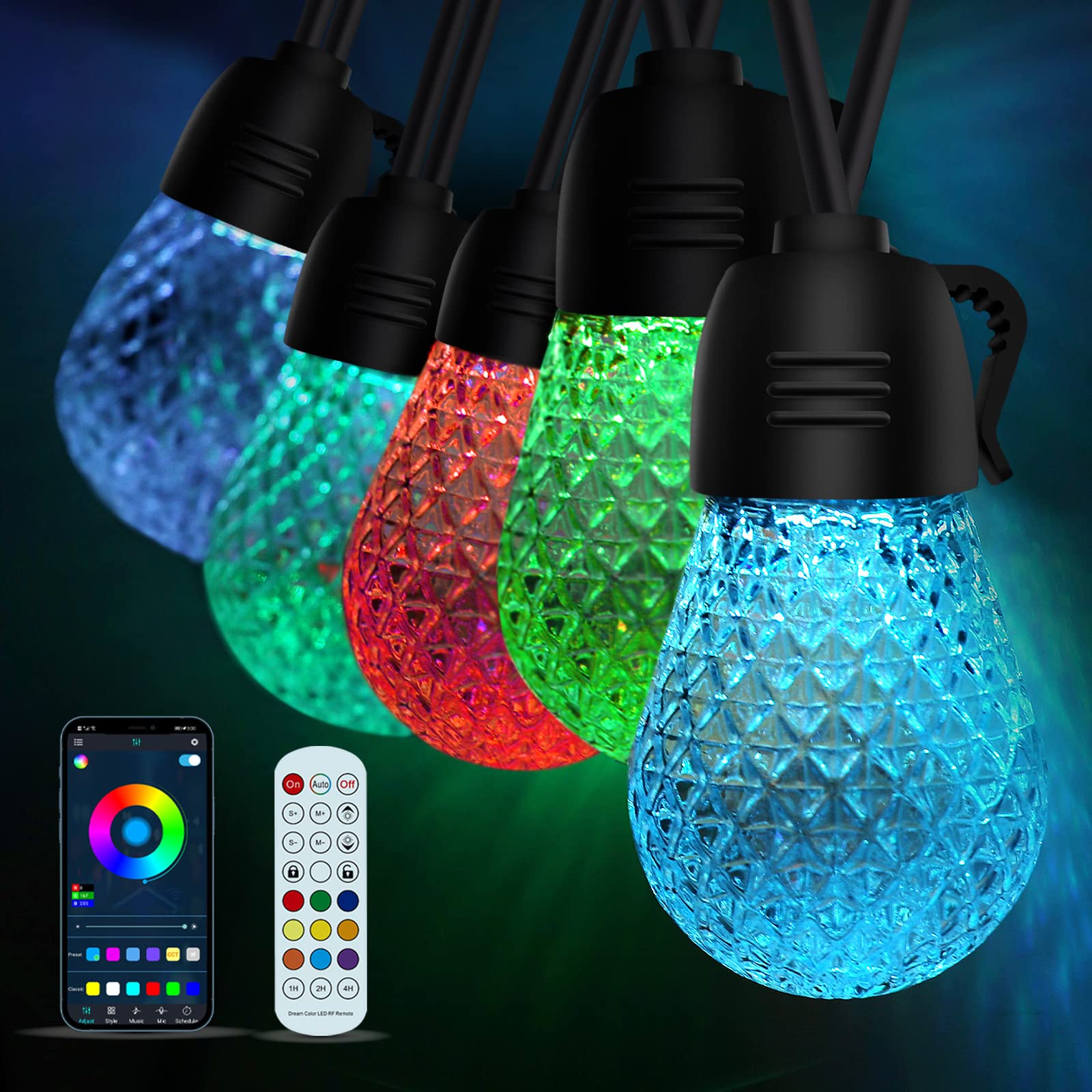 49FT Outdoor LED String Lights - Dimmable Color Changing Patio Lights with APP & Remote Control, Waterproof Shatterproof for Backyard, Garden, Balcony, Cafe | 8 Dynamic Modes for Parties, Weddings & Outdoor Decor