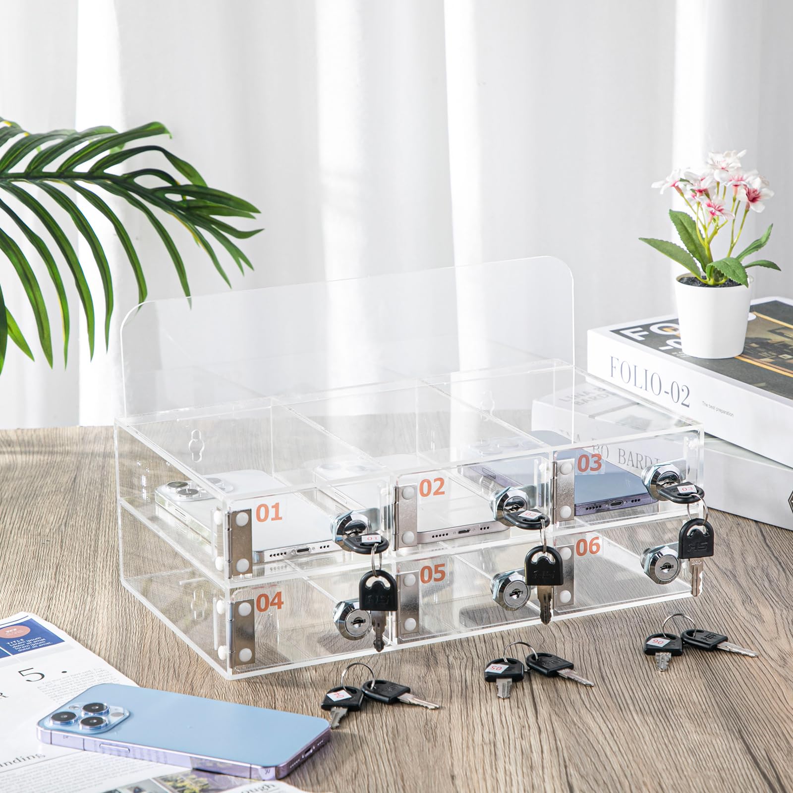 Clear Acrylic Wall Mounted Cell Phone Storage Box with Door Locks & Keys - 6 Slots Organizer for Office, School, Classroom, Factory | Secure Employee & Student Phone Storage Solution