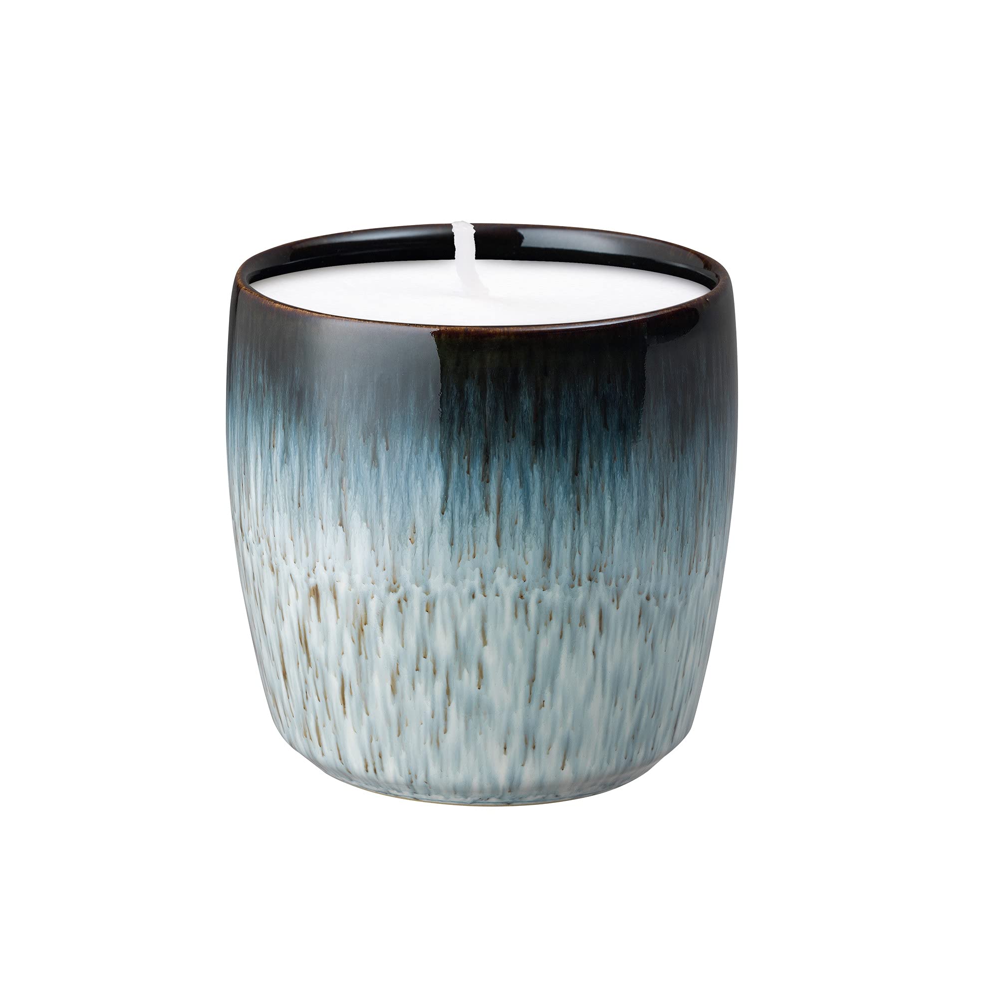 Denby Halo Ceramic Candle - Hand-Poured Natural Soy Wax Candle with 40-Hour Burn Time - Jasmine & Patchouli Scented - Black & Grey Reactive Glaze Pot in Gift Box - Perfect for Home Decor, Relaxation & Gifts
