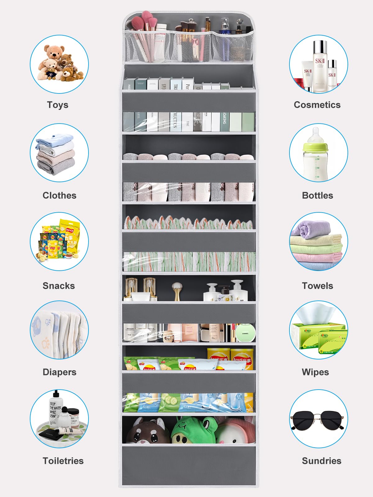 Over Door Hanging Organizer with 6 Large Pockets - Baby Closet Storage for Diapers, Toys & Shoes | No Tilt Design for Nursery, Bedroom & Bathroom Organization | Perfect for Newborn Essentials & Kids Room Storage