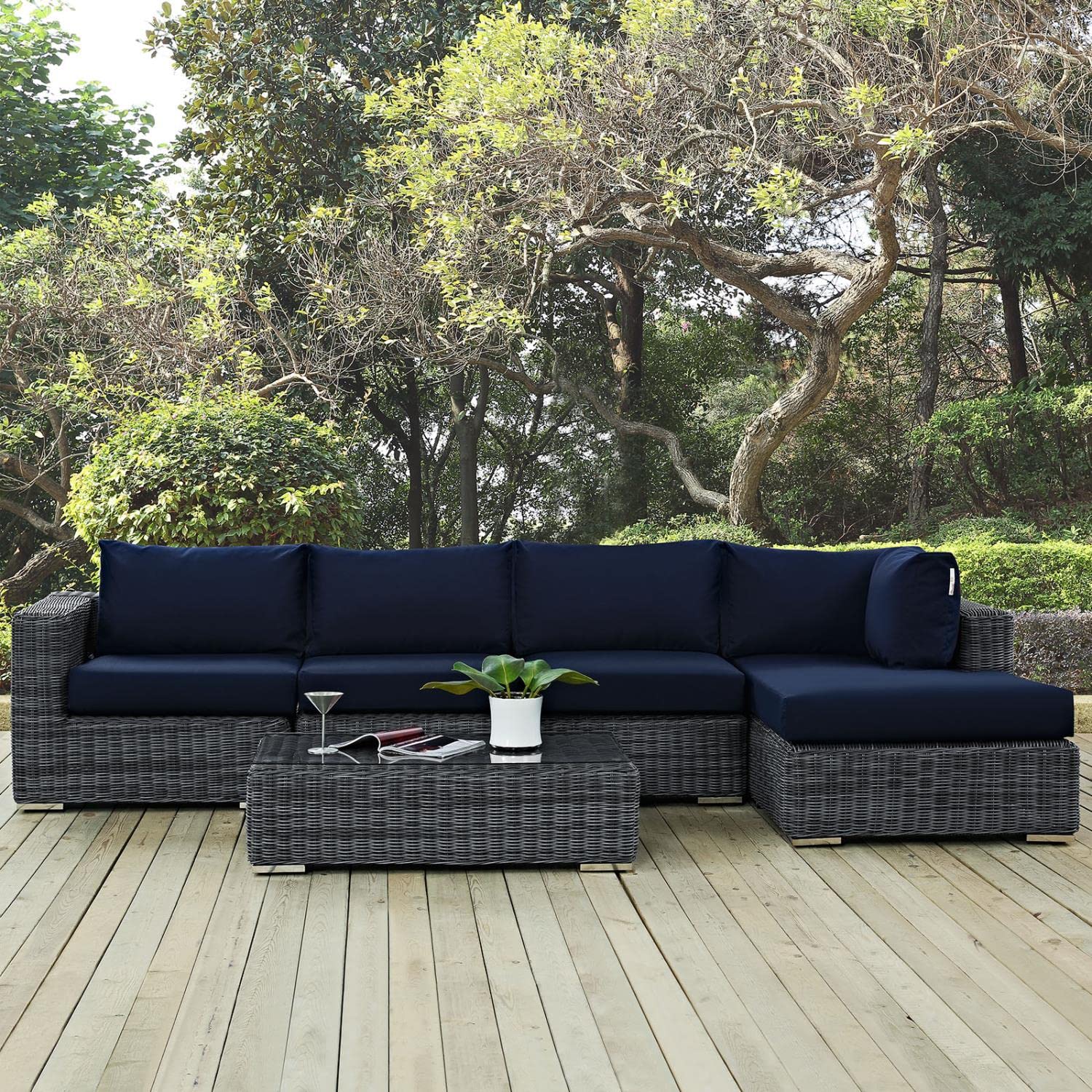 Modway Summon 5-Piece Outdoor Patio Sectional Set with Sunbrella Cushions in Navy Canvas - Perfect for Backyard, Poolside & Garden Relaxation
