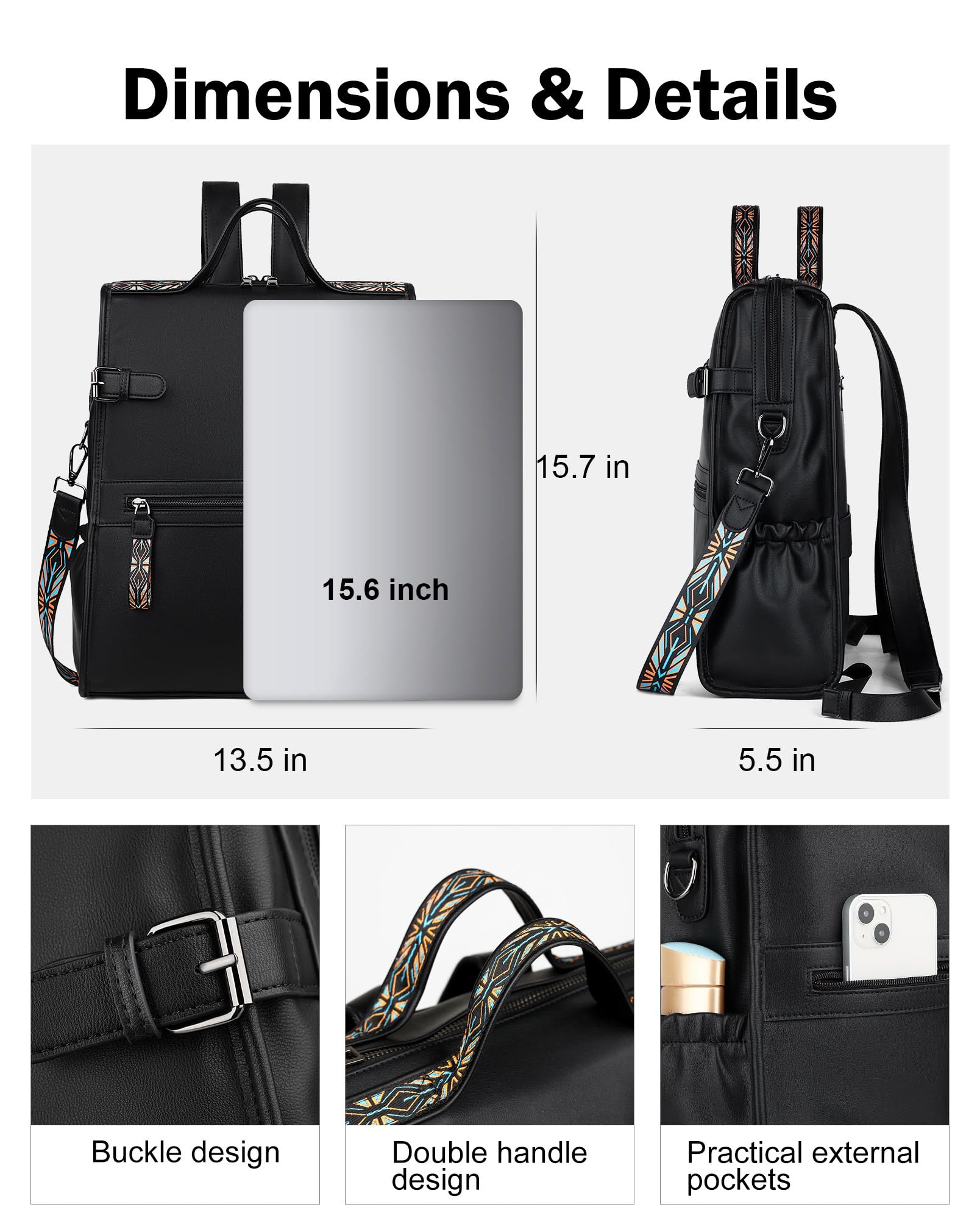 FADEON Women's Leather Laptop Backpack - Stylish Work & Travel Computer Bag with Dedicated Laptop Compartment & Purse Organizer (Black) - Perfect for Business Trips, Commuting & College