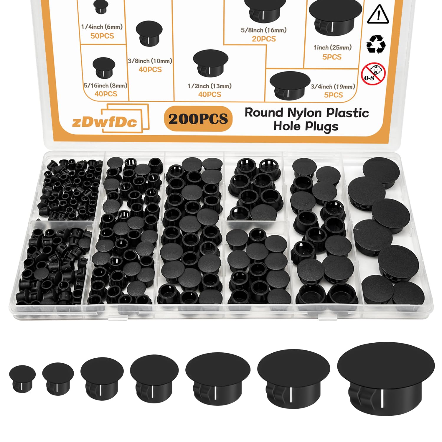 200-Pack Black Nylon Hole Plugs - 7 Sizes (1