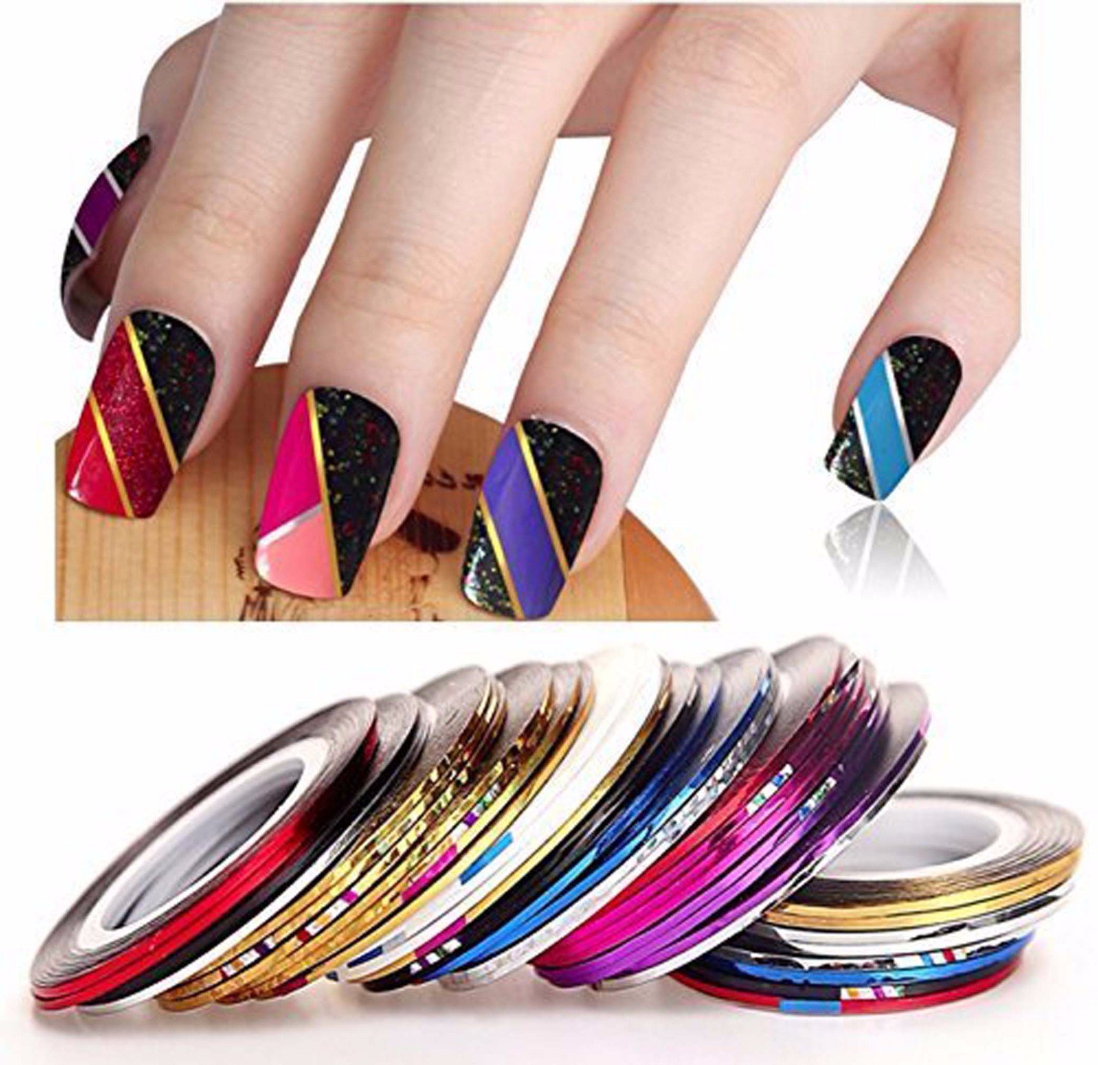 FOK 5-Piece Nail Art Pen Set with 10 Stripping Roll Tapes & French Manicure Tip Stickers - Professional Nail Design Kit for DIY Manicures, Salon Use & Home Nail Art Projects