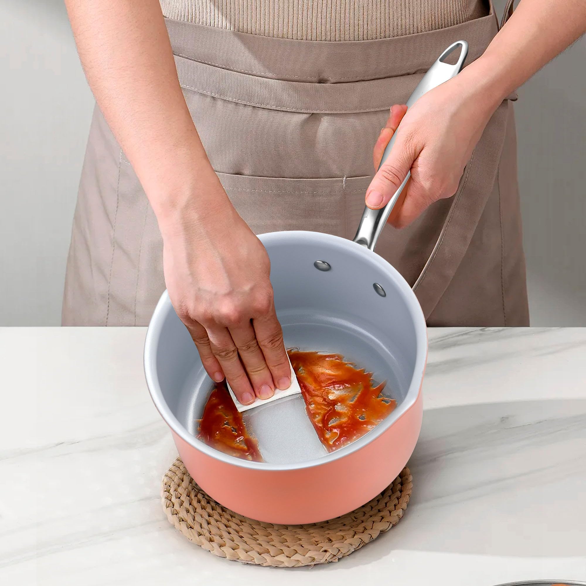2 qt Nonstick Sauce Pan with Lid - Ceramic Coating Small Cooking Pot, PTFE & PFOA Free, Oven & Stovetop Safe (Gas, Electric, Induction) - Perfect for Sauces, Soups, and Everyday Cooking - Perracotta
