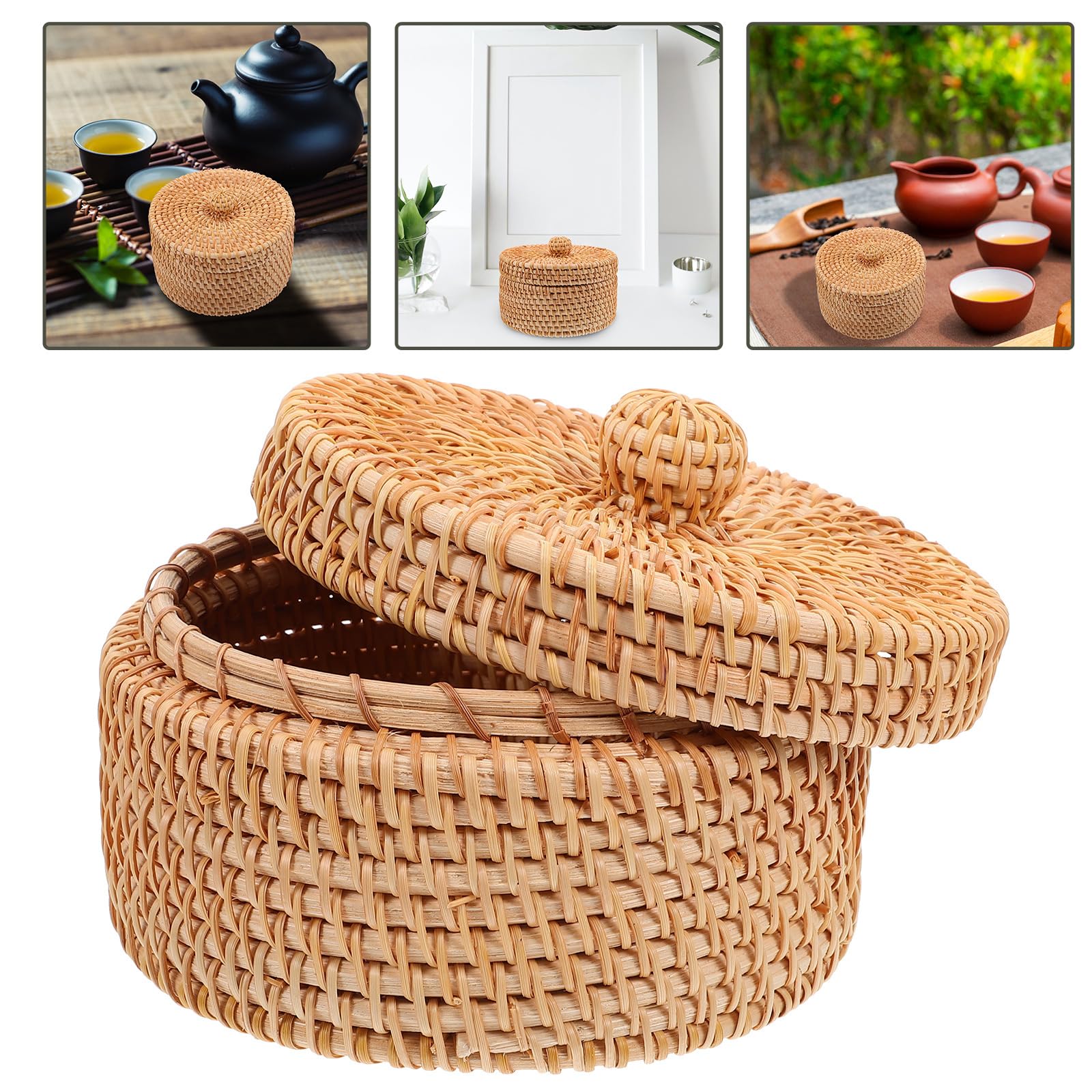 Small Wicker Basket with Lid - Mini Rattan Storage Organizer, Round Handwoven Box for Snacks, Tea Bags, Chess Pieces & Home Decor | Natural Light Brown | Perfect for Kitchen, Bathroom & Living Room Organization
