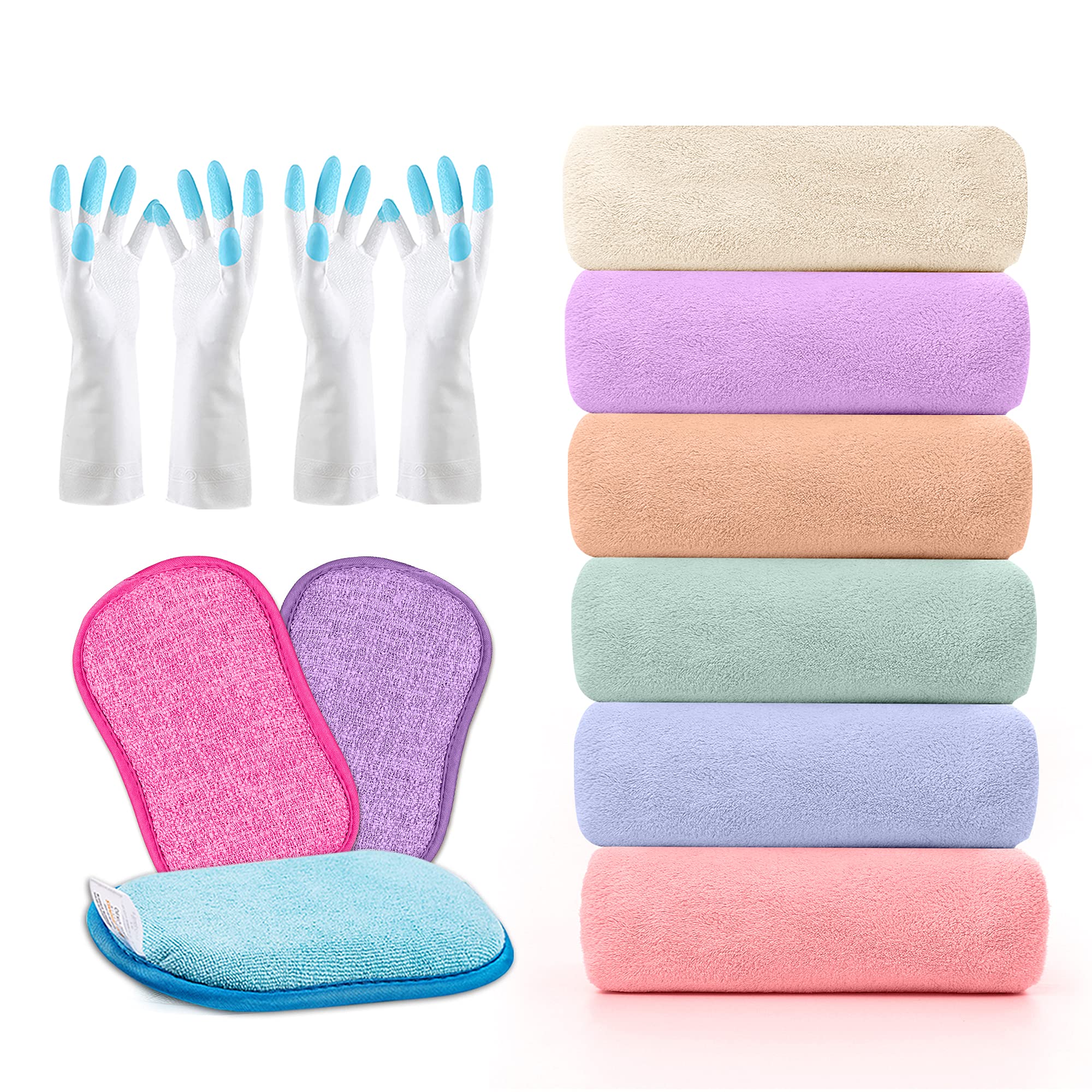Premium Microfiber Cleaning Cloth Set - 6 Pcs Dish Towels, 3 Pcs Kitchen Sponges & 2 Pairs Household Gloves | Ultra Soft, Super Absorbent for Kitchen, Bathroom, Floors & Tiles | Multi-Color Cleaning Supplies for Home, Office & Car Detailing