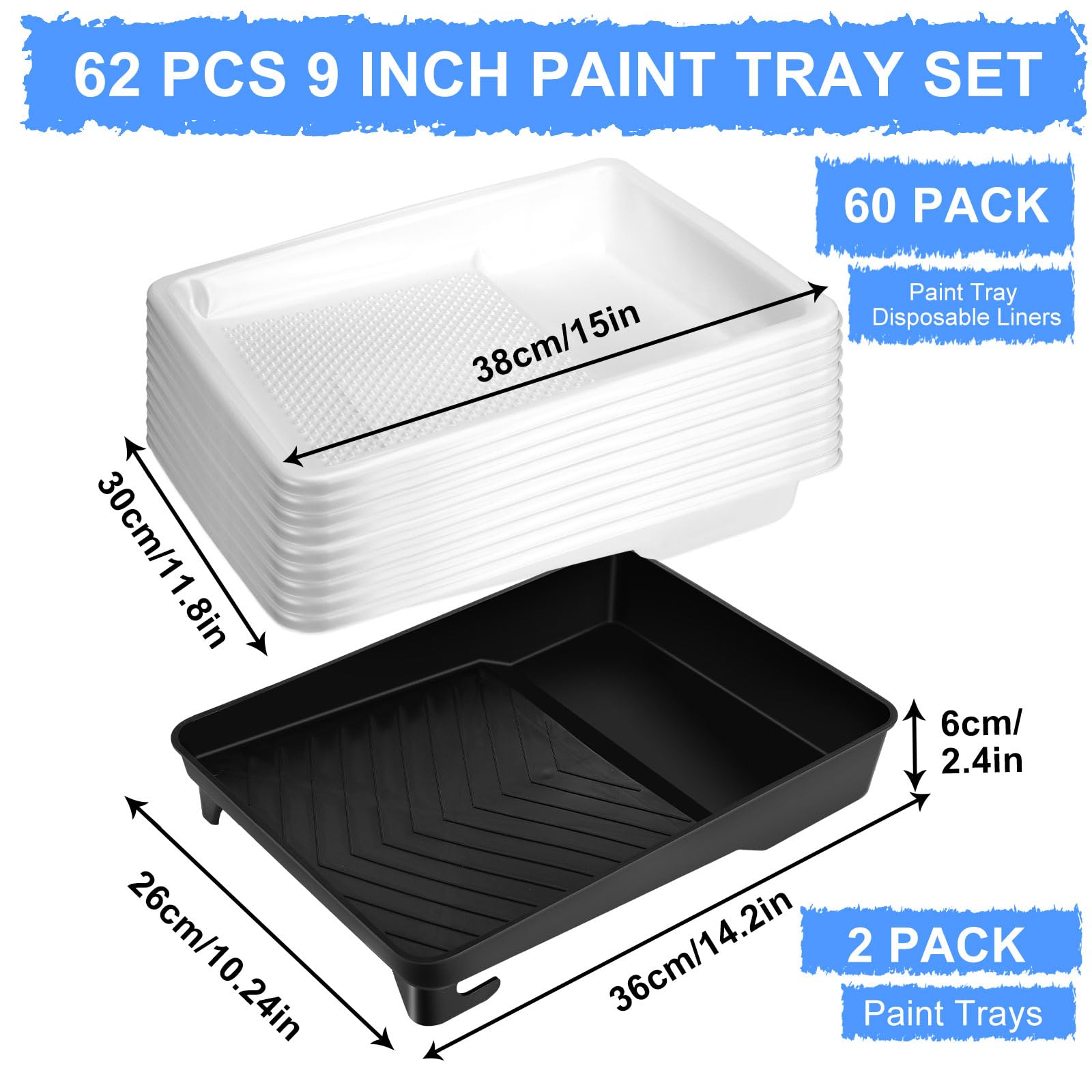 Geelin 62-Piece 9-Inch Paint Tray and Liner Set - 60 Disposable Paint Tray Liners with 2 Durable Paint Trays, Plastic Paint Pan Liners & Deep Textured Ridge for Professional & DIY House Painting - Perfect for Interior Walls, Ceilings, Furniture & Home Improvement Projects