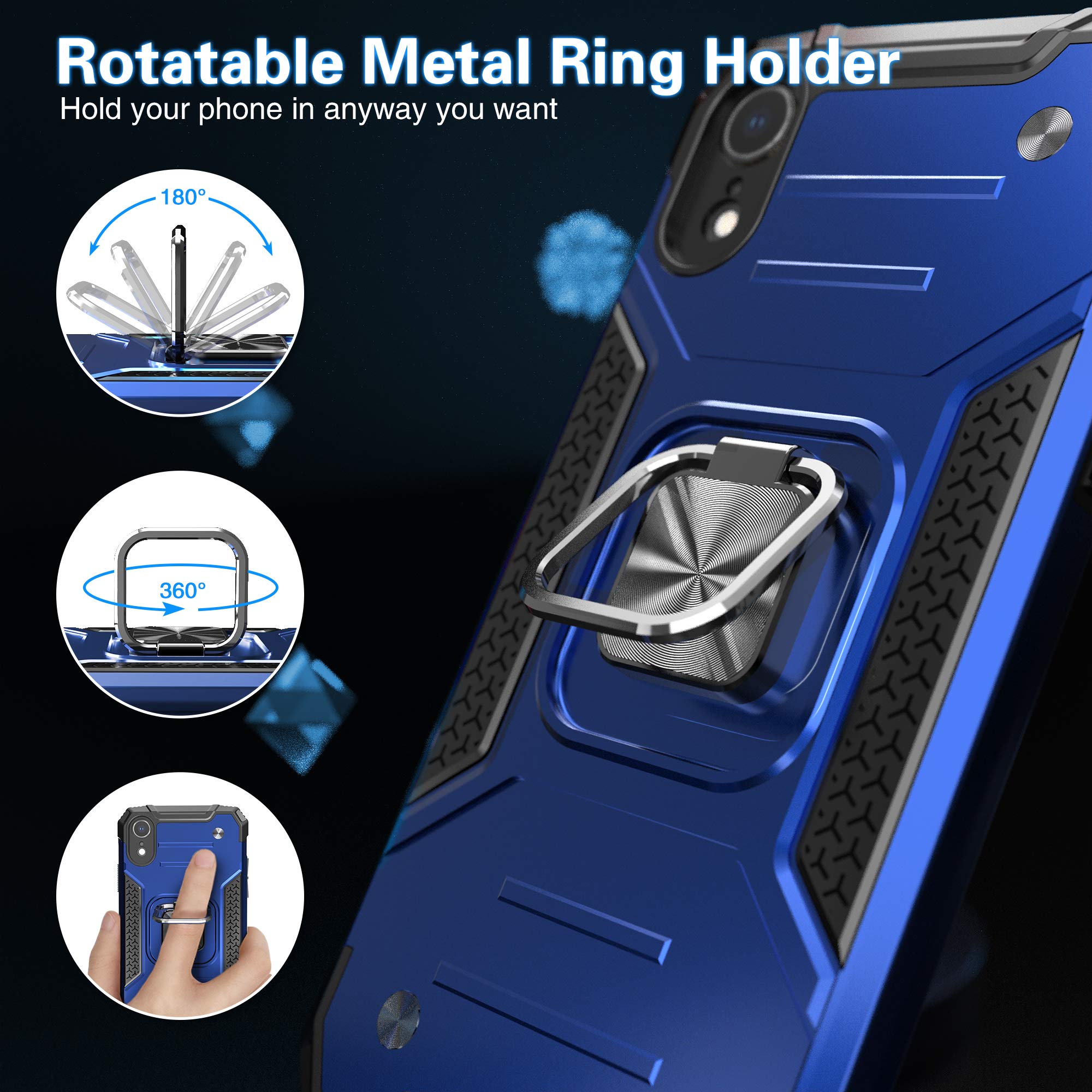 **Shockproof Heavy Duty iPhone XR Case with Built-in Screen Protector & Car Mount Kickstand - Lightweight Protective Cover for iPhone XR (Blue) - Perfect for Outdoor Activities, Travel & Daily Use**