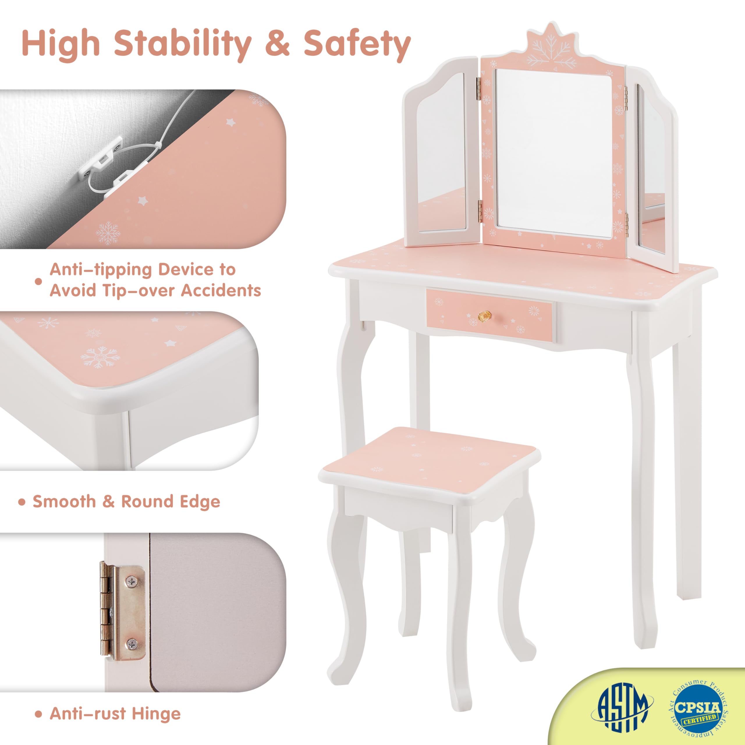**Pink Kids Vanity Table & Stool Set for Girls Ages 3-8 - 2-in-1 Princess Makeup Dressing Table & Writing Desk with Detachable Tri-Folding Mirror & Drawer - Perfect for Playroom, Bedroom & Birthday Gifts**