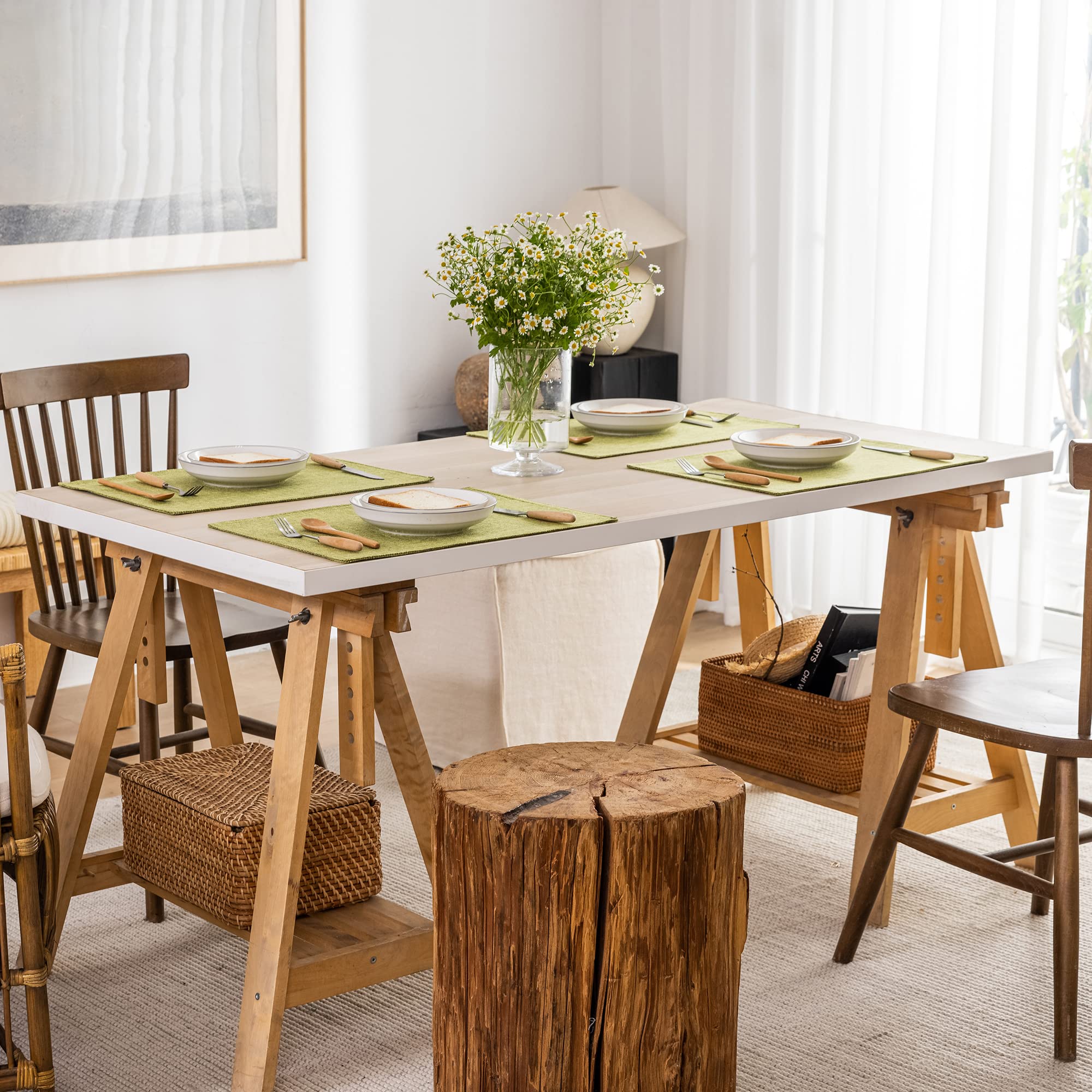 Kevin Textile 4-Pack Spring Burlap Linen Placemats - Heat Resistant 13x19 Inch Table Mats for Dining & Kitchen - Washable Eco-Friendly Place Settings in Linden Green - Perfect for Dinner Parties, Brunch & Everyday Use