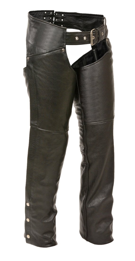 Women's Leather Thigh Pocket Chaps with Reflective Piping - Motorcycle Riding, Biker Fashion & Equestrian Outfits