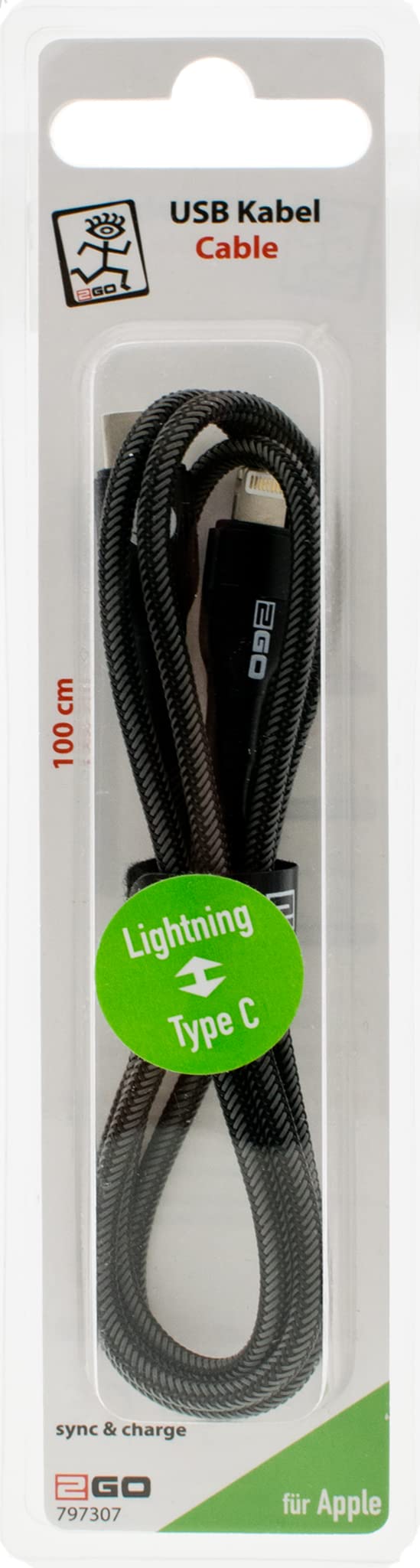 2GO Fast Charging USB Type C to Lightning Cable 3.3ft (100cm) - High Speed Data Sync & Charger for iPhone, iPad - Durable Nylon Braided Black Cable for Home, Office, Travel