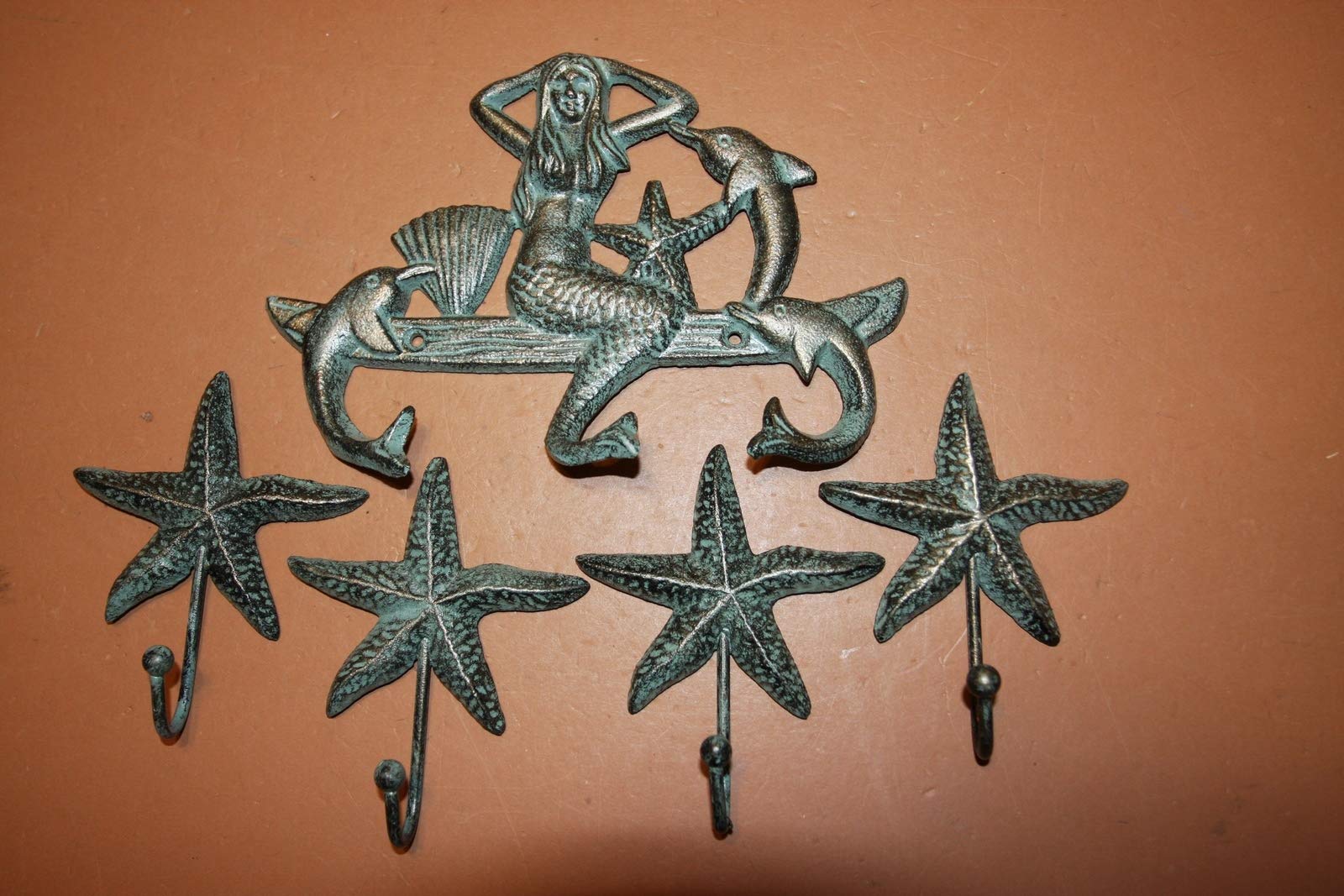 Antique Cast Iron Mermaid Towel & Robe Hooks Set of 5 - Rustic Beach Bathroom Accessories for Coastal Decor, Nautical Theme, and Seaside Home Decor