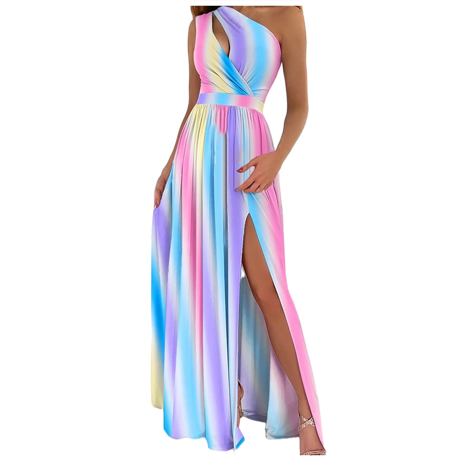Elegant One Shoulder High Slit Long Dresses for Women - Summer Sleeveless Ruched Maxi Dress for Casual Wear & Party Occasions | Perfect for Beach Vacations, Evening Events & Date Nights
