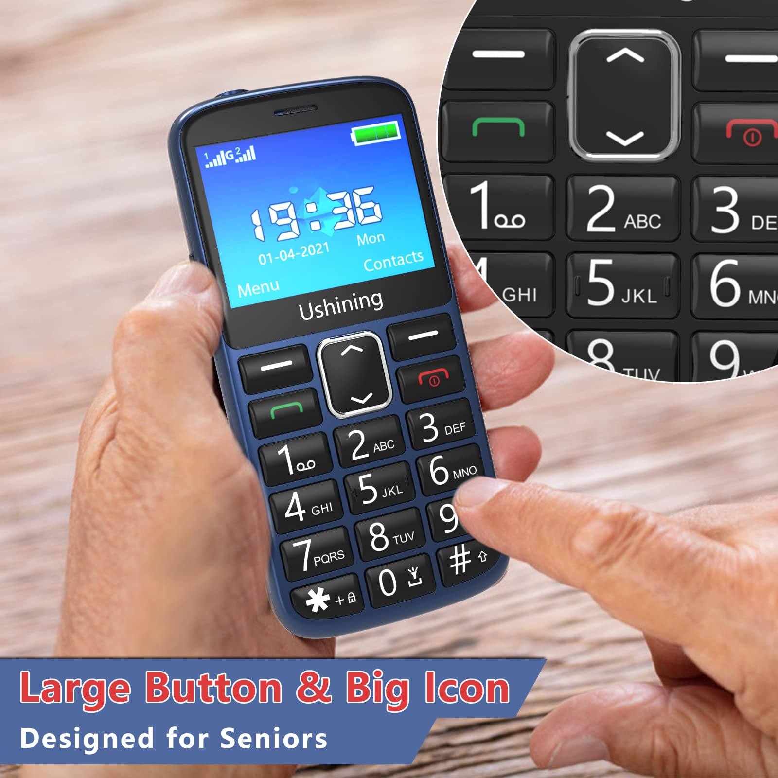 USHINING GSM Unlocked Senior Cell Phone with Large 2.4 Inch Screen, Big Buttons & SOS Emergency Button - Easy to Use Mobile Phone for Elderly (Blue) - Perfect for Home, Travel & Emergency Situations
