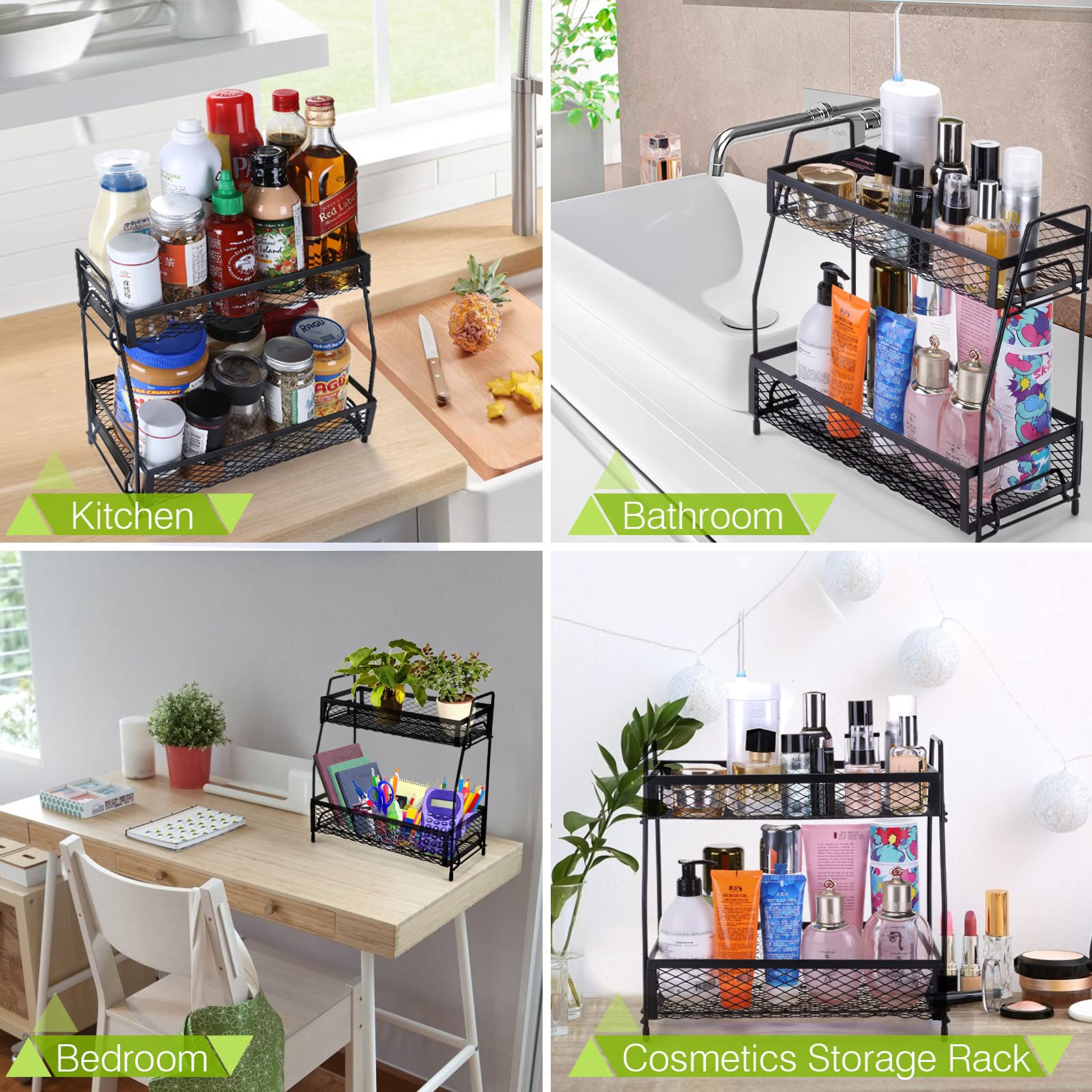 2-Tier Foldable Metal Spice Rack Organizer - Non-Slip Countertop Storage for Kitchen & Bathroom | Space-Saving Black Spice Holder for Countertops, Cabinets & Pantry Organization