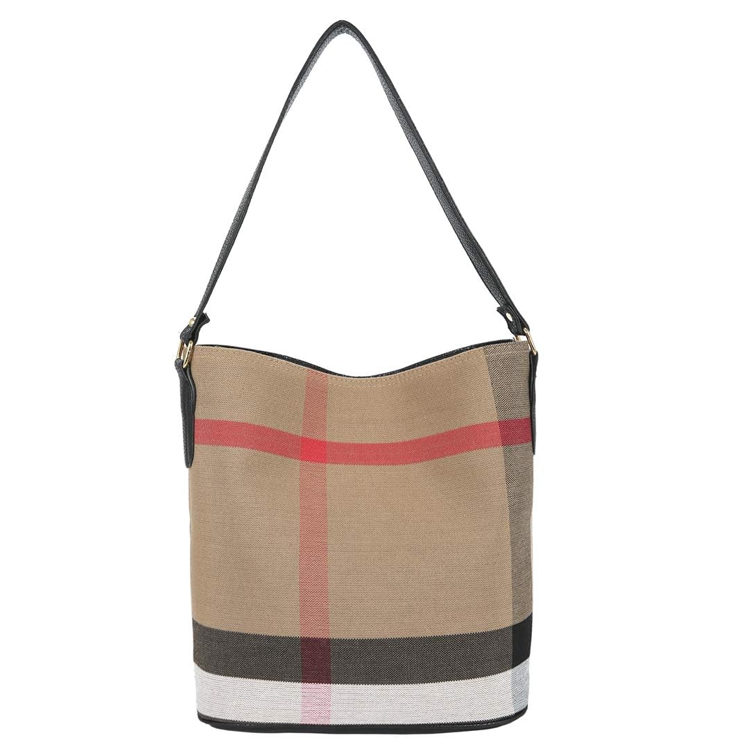 Stylish Plaid Canvas Tote Bag for Women - Fashion Designer Shoulder Handbag & Bucket Purse in Black | Perfect for Work, Travel, and Everyday Use