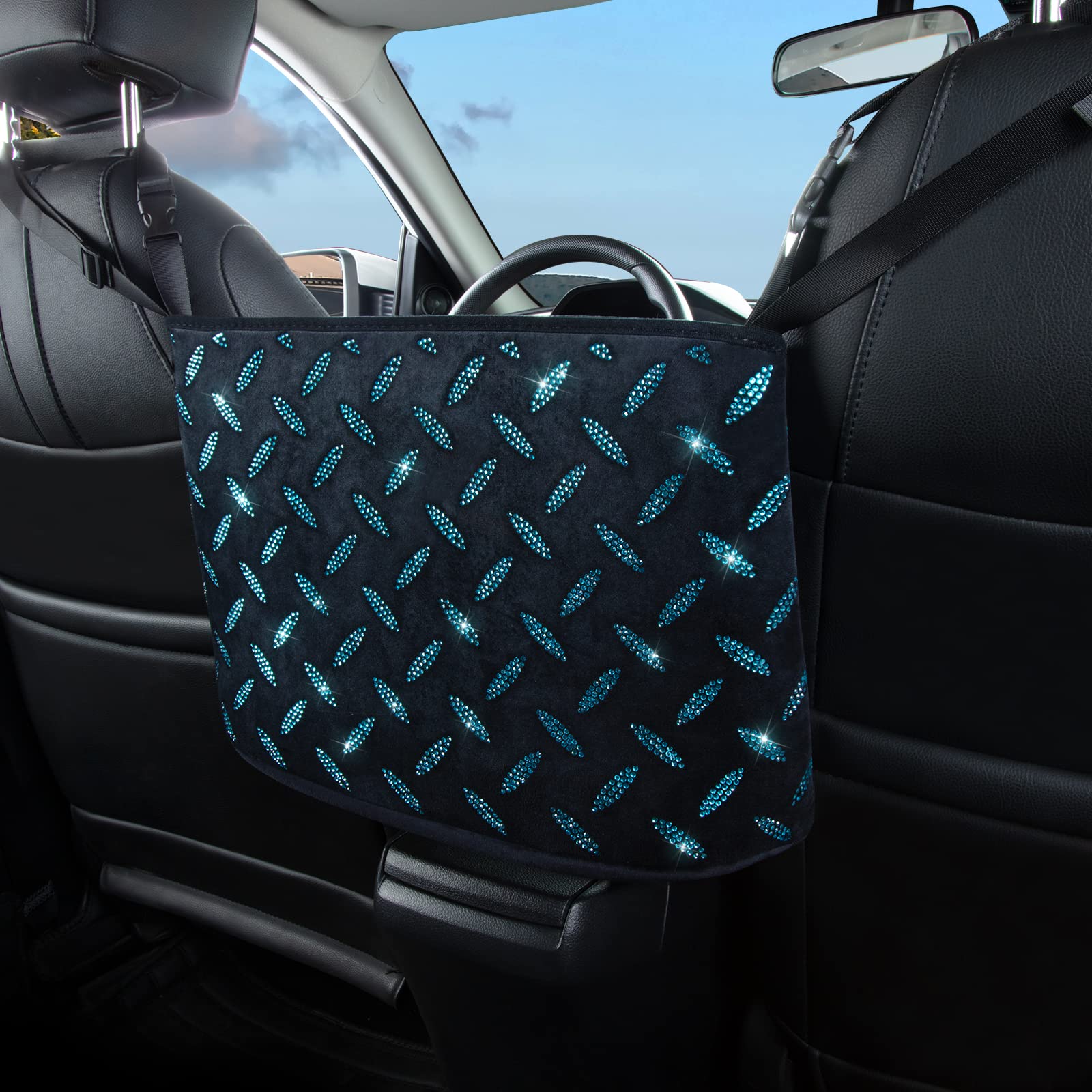 Sparkling Crystal Car Seat Organizer with Purse Holder & Storage Net - Bling Diamond Accessories for Women - Pet Barrier for Dogs & Kids - Blue - Perfect for Road Trips & Daily Commutes