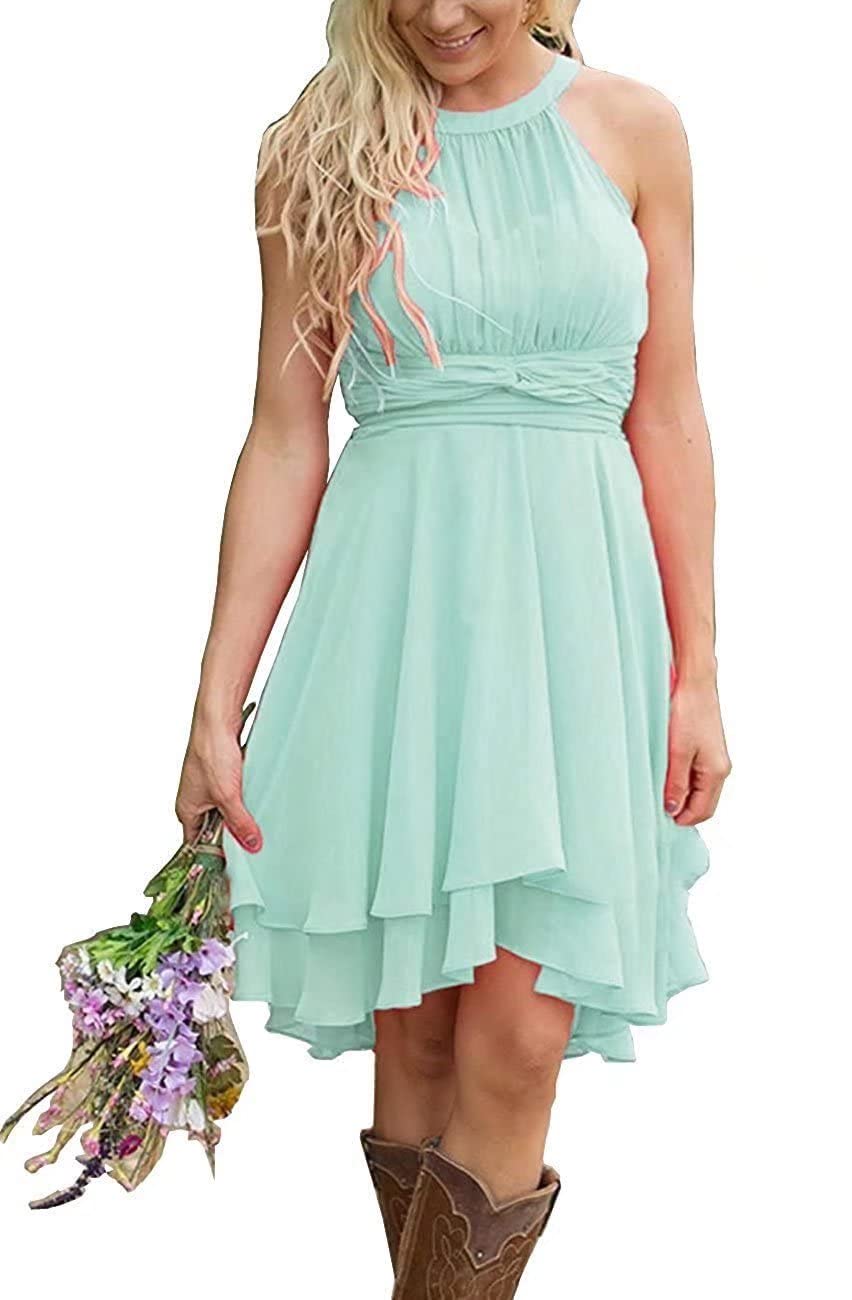 Elegant Chiffon High-Low Bridesmaid Dress for Women - Short Halter Neck Country Wedding Party Gown - Perfect for Beach, Garden & Outdoor Ceremonies