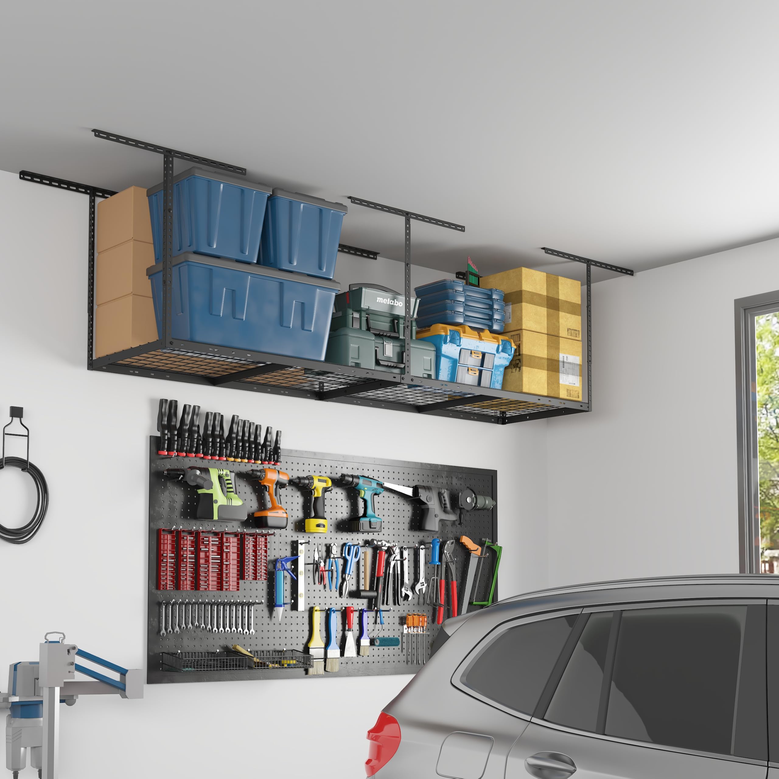 FLEXIMOUNTS 2x8 Garage Storage Rack - Heavy Duty Adjustable Overhead Ceiling Shelf System, 400lbs Capacity, Black Metal Organizer for Home, Garage, Basement & Workshop Storage Solutions
