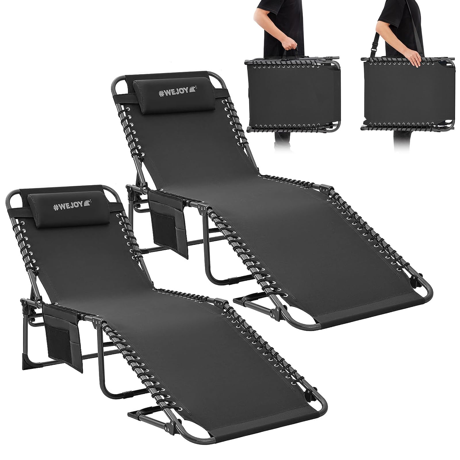 Premium WEJOY Outdoor Folding Chaise Lounge Chairs - 2 Pack Adjustable 5-Position Recliners for Patio, Beach, Pool & Camping - Heavy Duty Sunbathing Chairs with Shoulder Strap & Pillow - Perfect for Backyard Relaxation, Vacation & Outdoor Adventures
