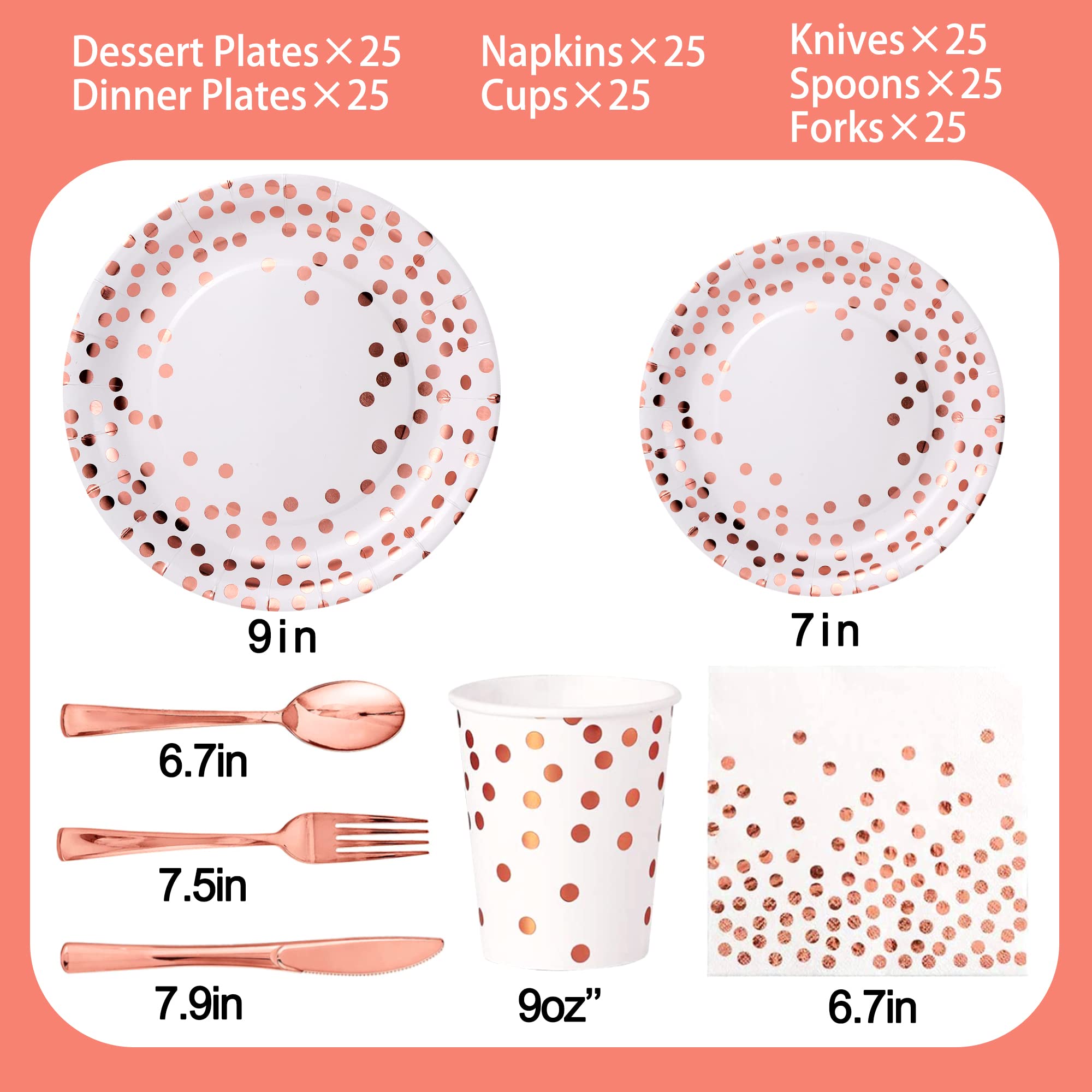 175-Piece Rose Gold Party Supplies Set - Disposable Dinnerware with White & Rose Gold Dots - Plates, Napkins, Cups, Forks, Spoons & Knives for 25 Guests - Perfect for Weddings, Birthdays & Bridal Showers - Elegant Tableware for Special Occasions