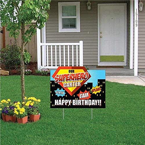 Custom Superhero Birthday Yard Sign - Personalized Superhero Party Decorations 17x22.5 Inch with 2 Stakes - Outdoor Welcome Sign for Superhero Themed Birthday Celebrations & Backyard Parties