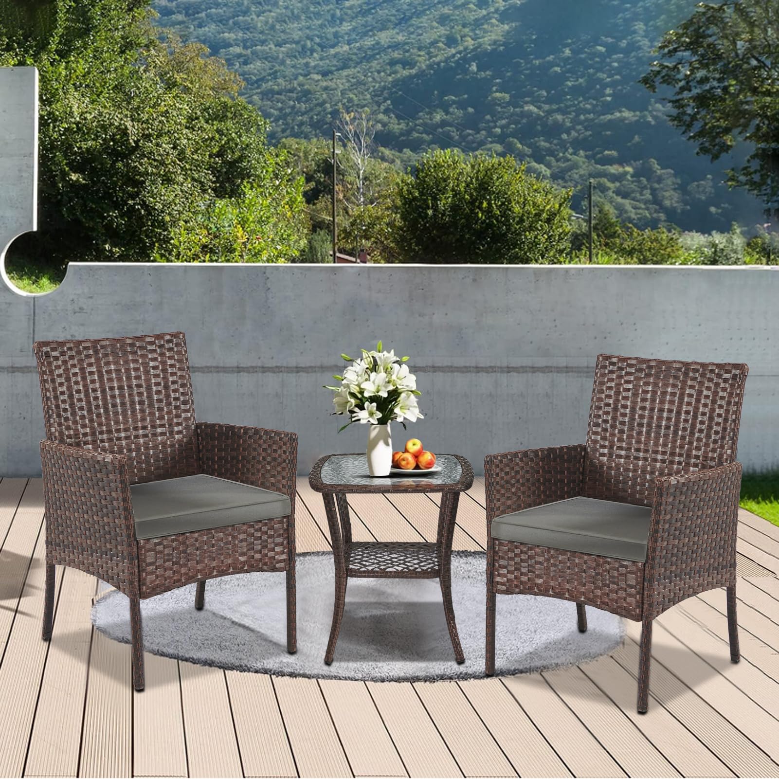 YIYAN 3-Piece Patio Furniture Set - Rattan Wicker Chairs with Coffee Table & Washable Cushions (Gray) - Outdoor Garden Porch Furniture for Backyard, Poolside & Balcony Relaxation