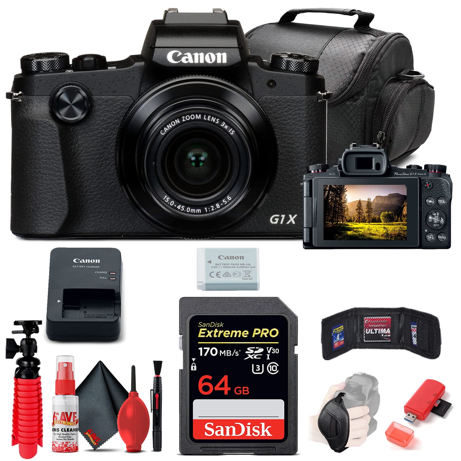 Canon PowerShot G1 X Mark III Digital Camera (2208C001) - 20.1MP APS-C Sensor, 24-72mm f/2.8-5.6 Lens, 4K Video - Bundle with 64GB SD Card, Card Reader, Soft Case, Tripod, Hand Strap, Memory Wallet & Cleaning Kit (Renewed) - Perfect for Travel Photography, Vlogging & Professional Shooting