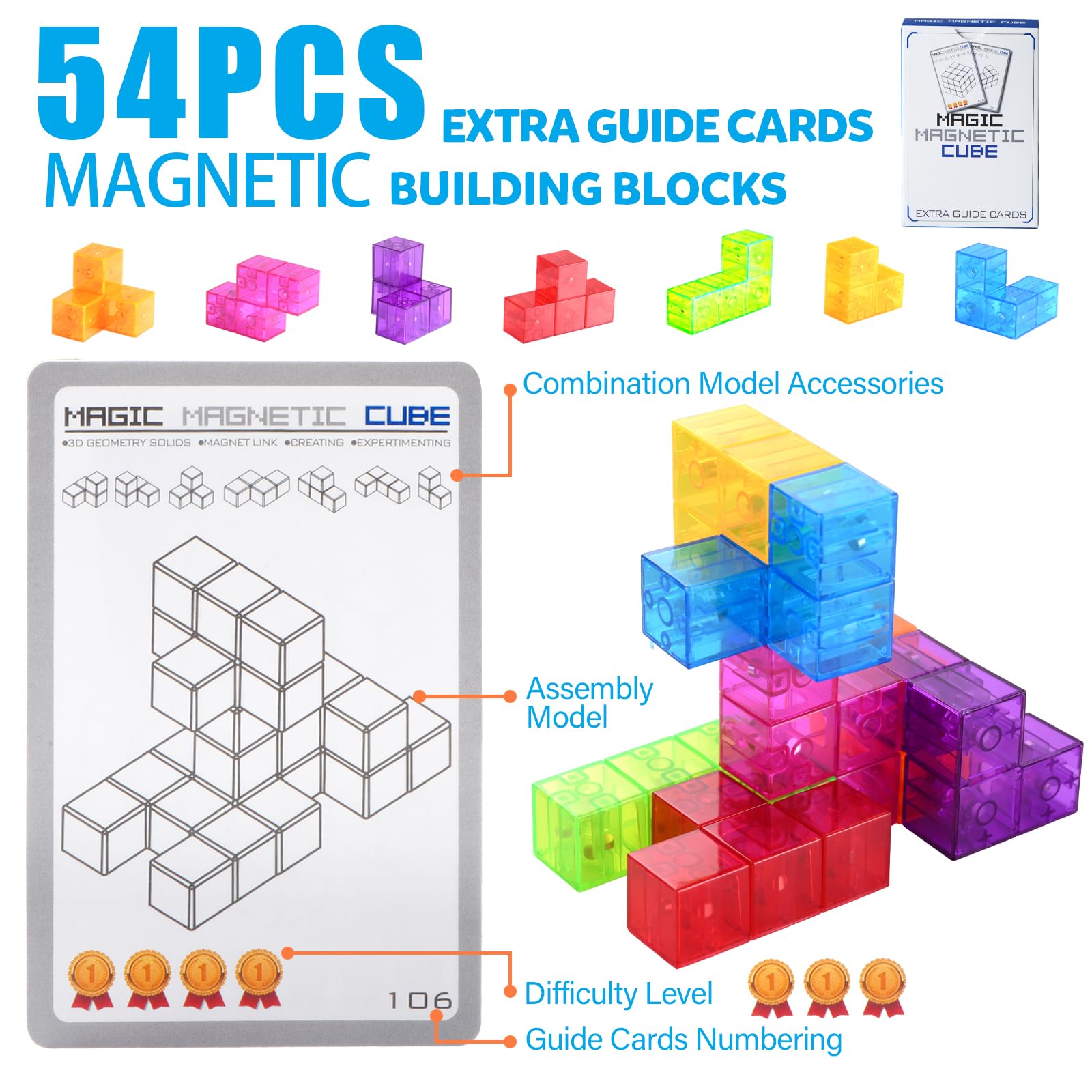 Magnetic Building Blocks Set - 7 Multi-Shape 3D Puzzle Cubes with 54 Guide Cards | STEM Educational Toys for Toddlers & Kids | Montessori Learning Toys for Boys & Girls | Perfect for Classroom, Home Play & Creative Development