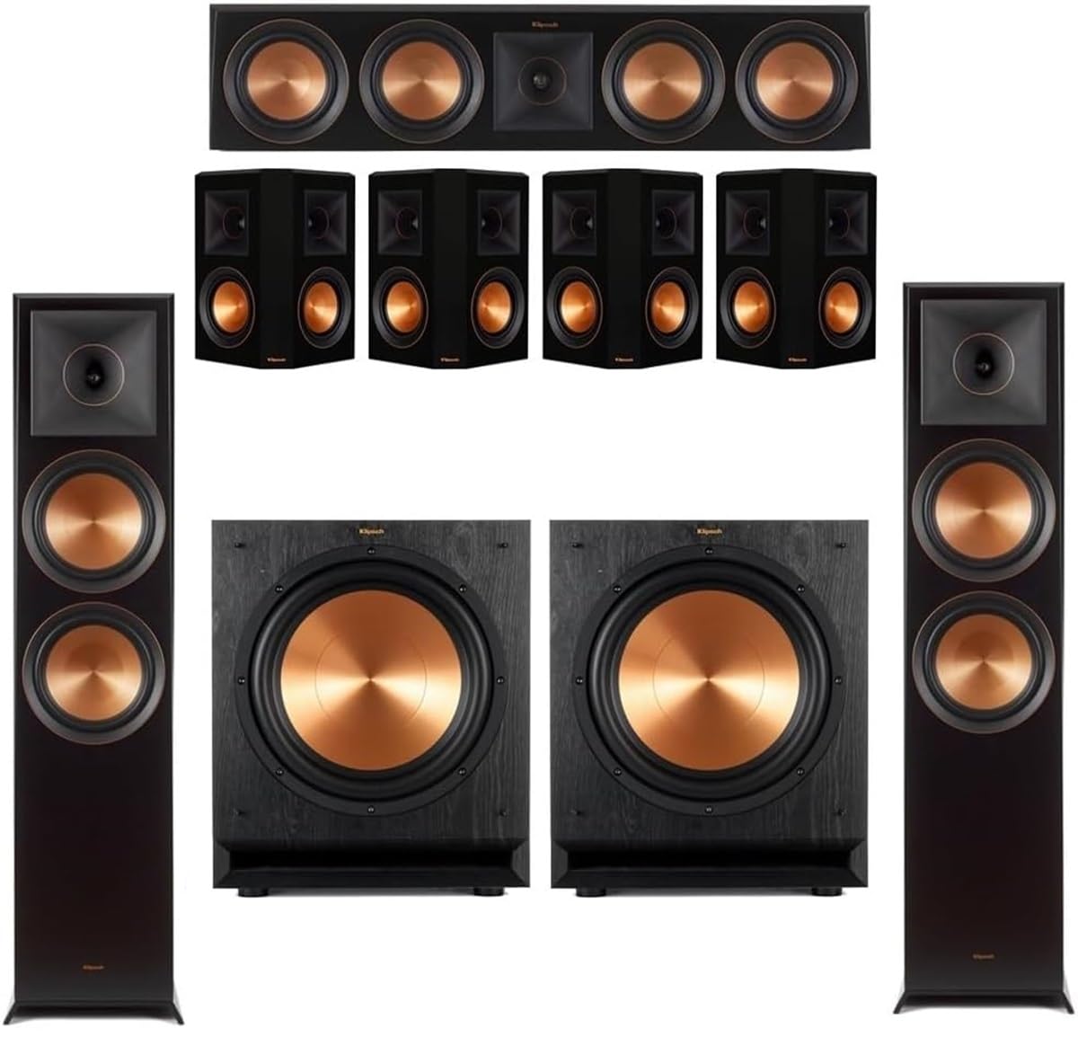 Klipsch 7.2 Channel Ebony Home Theater System with 2 RP-8000F Floorstanding Speakers, 1 RP-504C Center Channel Speaker, 4 RP-502S Surround Sound Speakers & 2 SPL-120 Subwoofers - Premium Audio for Movies, Music & Gaming in Living Rooms & Home Theaters