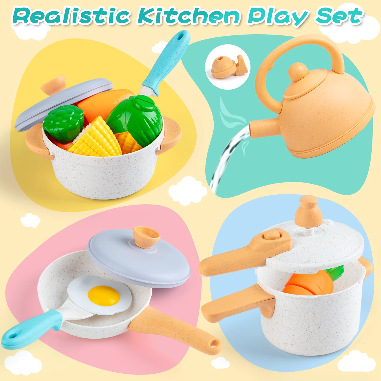 Sundaymot Kids Play Kitchen Accessories Set - Pretend Cooking Toys with Pots, Pans, Apron & Dishes | Educational Learning Toys for Toddlers & Preschoolers | Perfect Birthday Gift for Boys & Girls | Great for Role Play & Early Childhood Development