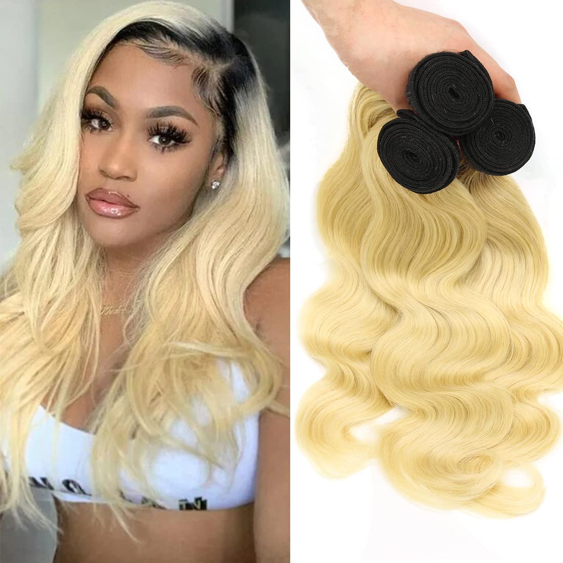 Nadula T1B613 Blonde Body Wave Human Hair Extensions - 3 Bundles 10A Brazilian 100% Remy Hair with Dark Roots & Honey Blonde Ombre - 14/16/18 Inch Wavy Weaves for Sew-In - Perfect for Daily Styling, Parties & Special Occasions