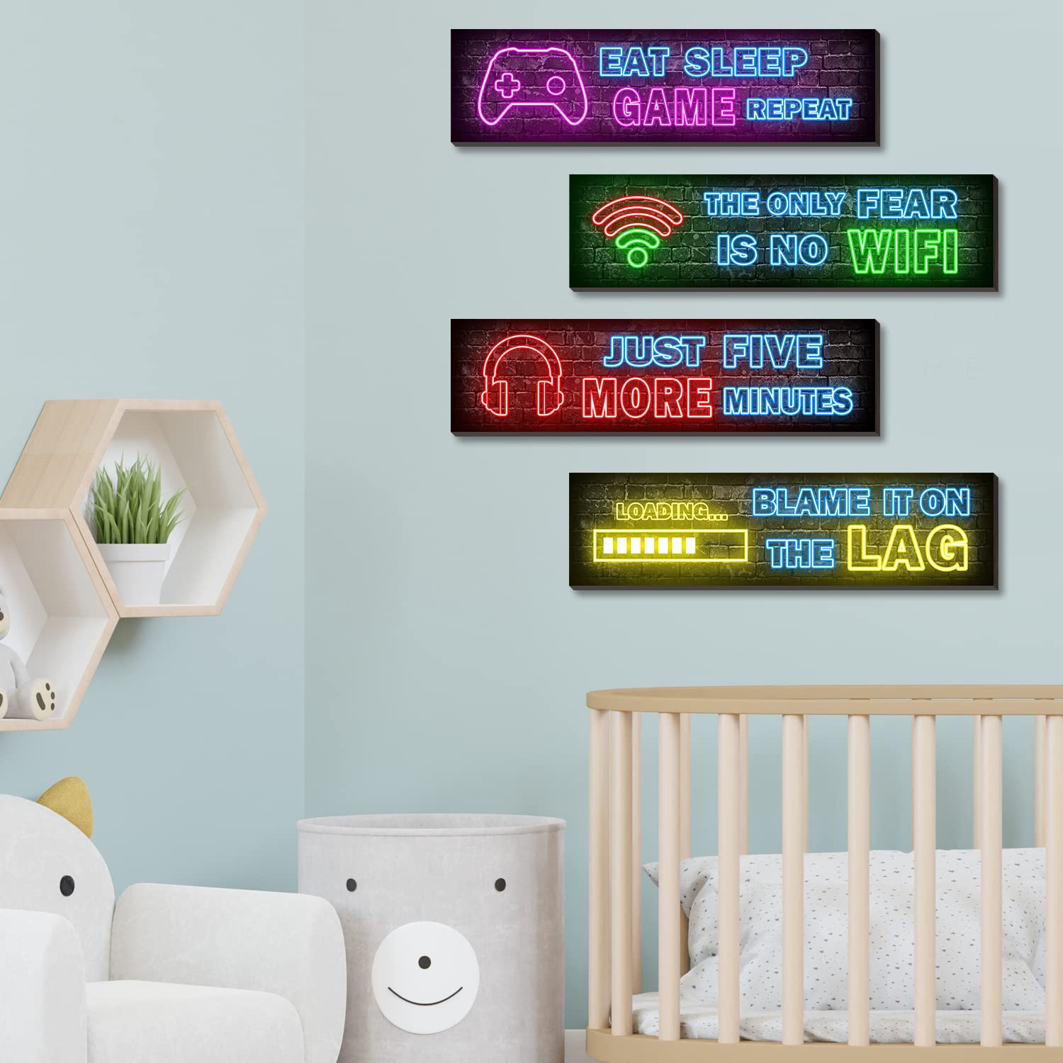 4 Pcs Neon Gaming Posters - Cool Gamer Wall Art Decor for Teen Boys Bedroom, Wooden Frame, Perfect for Gaming Room & Man Cave Decorations