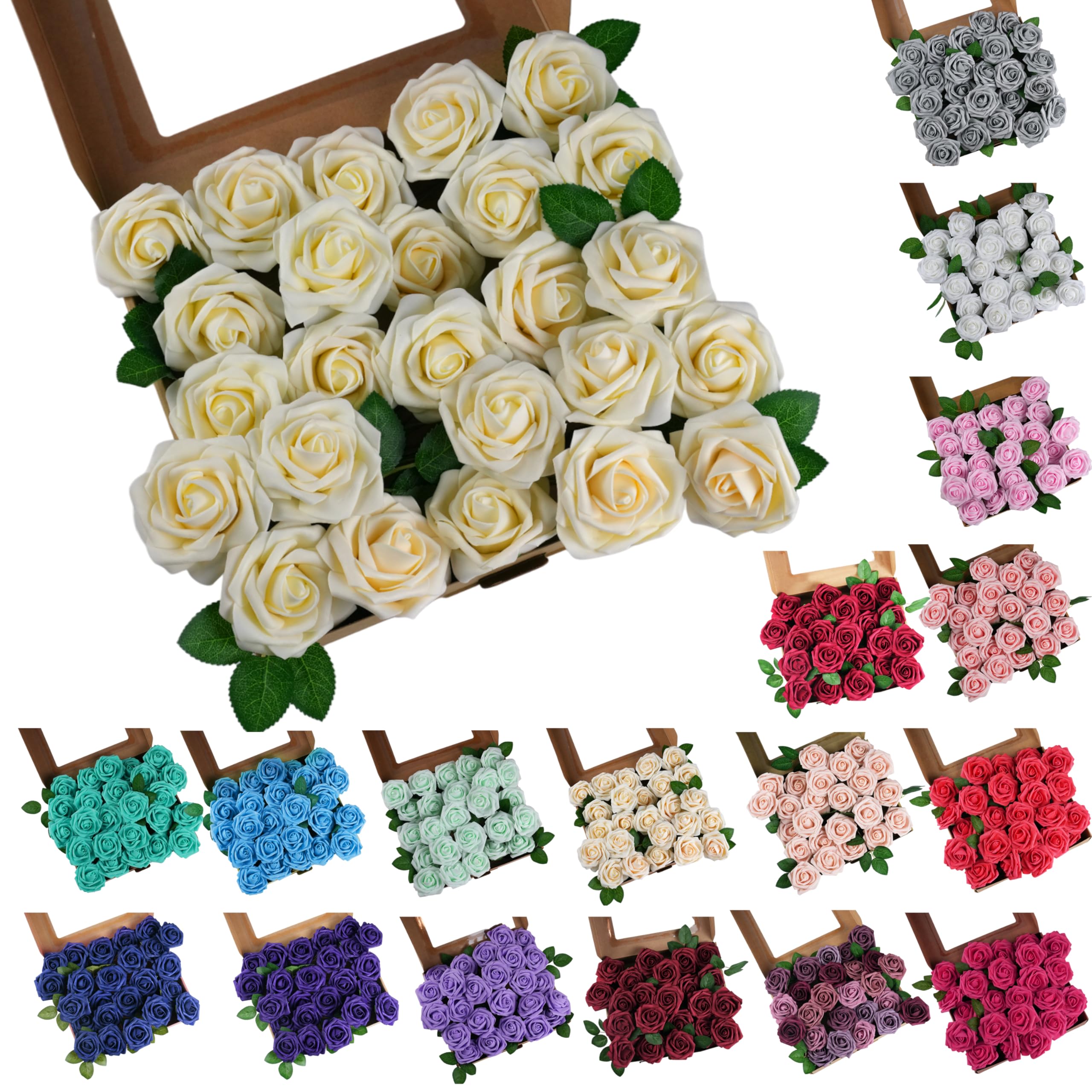 25pcs Realistic Ivory Foam Artificial Rose Flowers with Stems - DIY Wedding Bouquets, Bridal Party Decorations, Table Centerpieces, Home & Event Decor