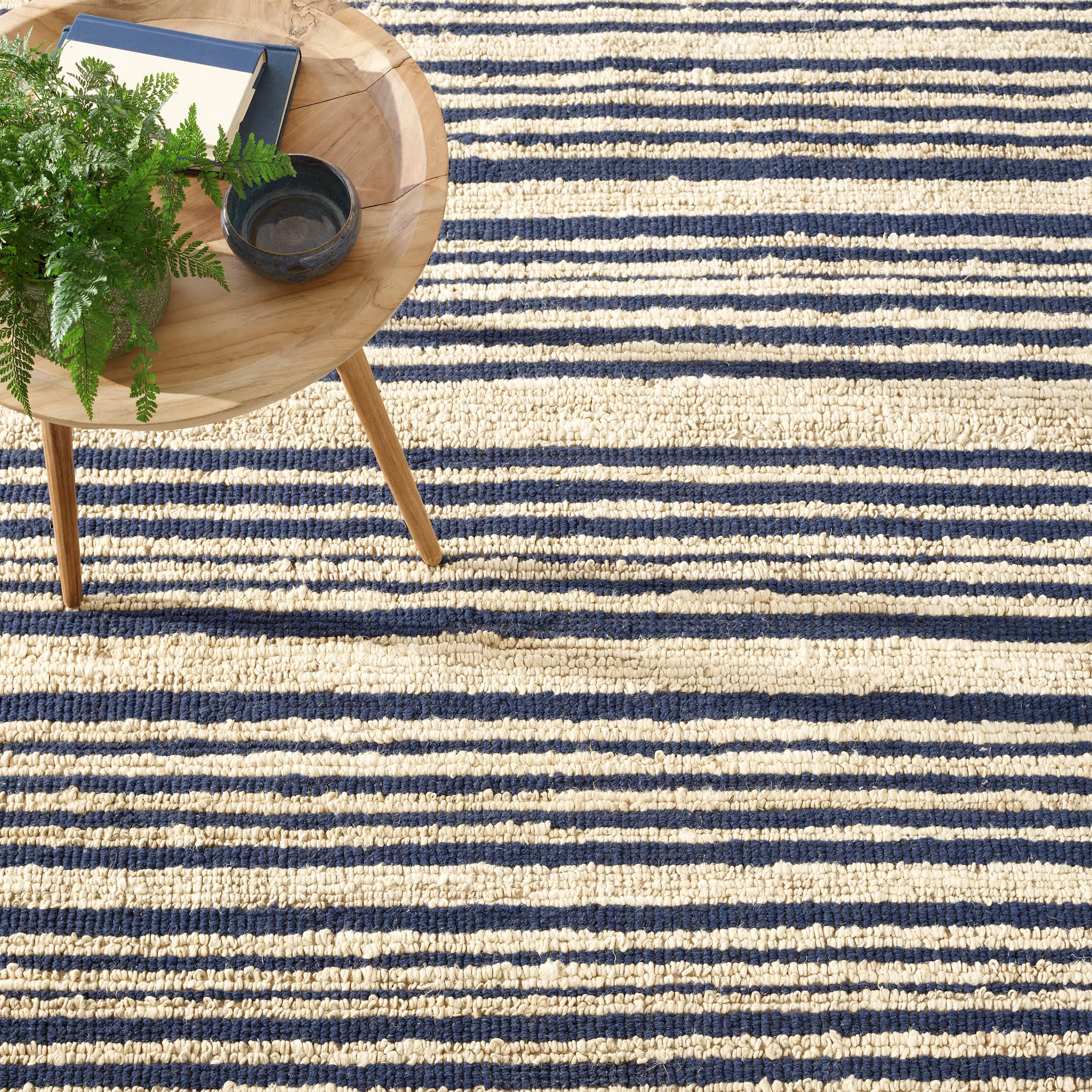 Handwoven Jute Rug with Calder Stripe Design in Navy Blue - Perfect for Boho Living Room, Bedroom or Nursery Decor