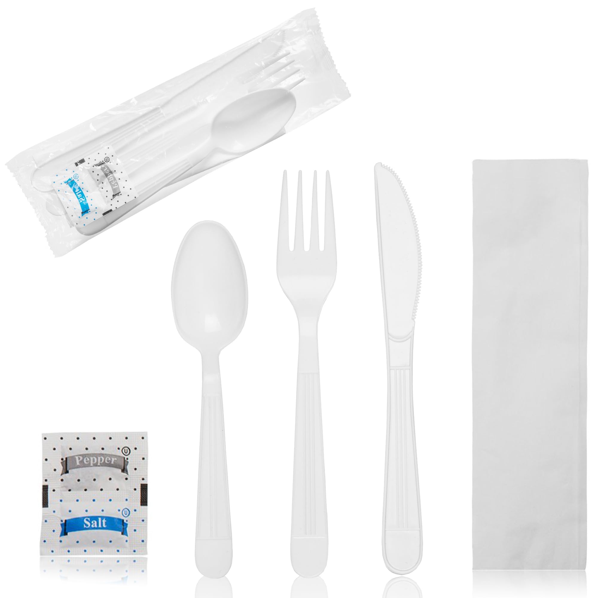 750 Count White Plastic Utensil Set - Disposable Cutlery with Napkins for Parties, Picnics & Events - Bulk Wrapped Silverware for Weddings, BBQs & Catering