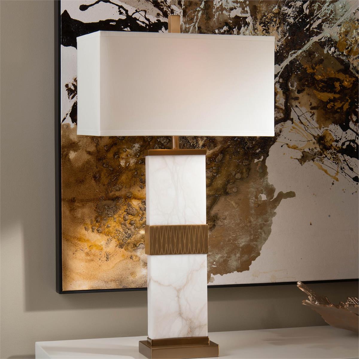Elegant Alabaster Column Table Lamp - White & Gold Finish for Living Room, Bedroom, or Office Decor