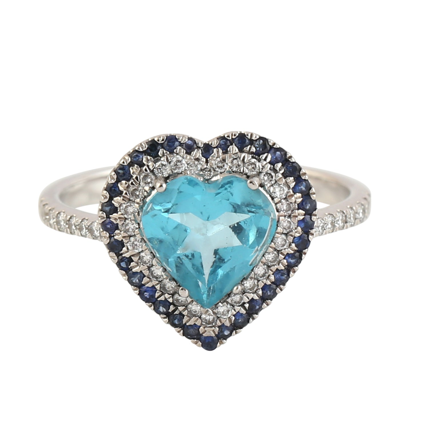 18K White Gold Apatite Pave Blue Sapphire Diamond Heart Ring – Perfect for Valentine's Day, Anniversary & Romantic Gifts