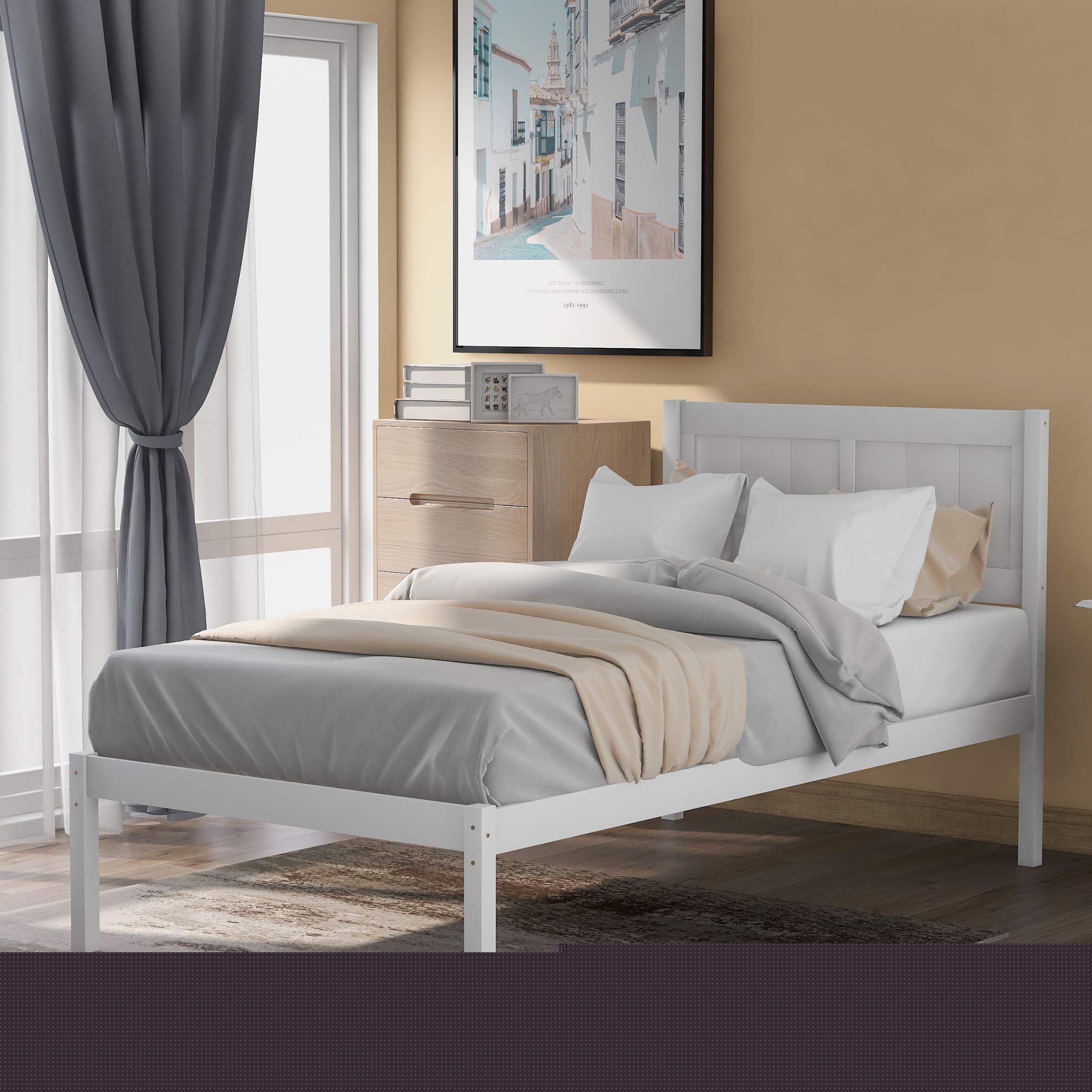 Solid Wood Twin Bed Frame with Headboard - Sturdy Twin Size Platform Bed with Wooden Slat Support - No Box Spring Needed - Perfect for Kids Rooms, Guest Rooms & Small Spaces