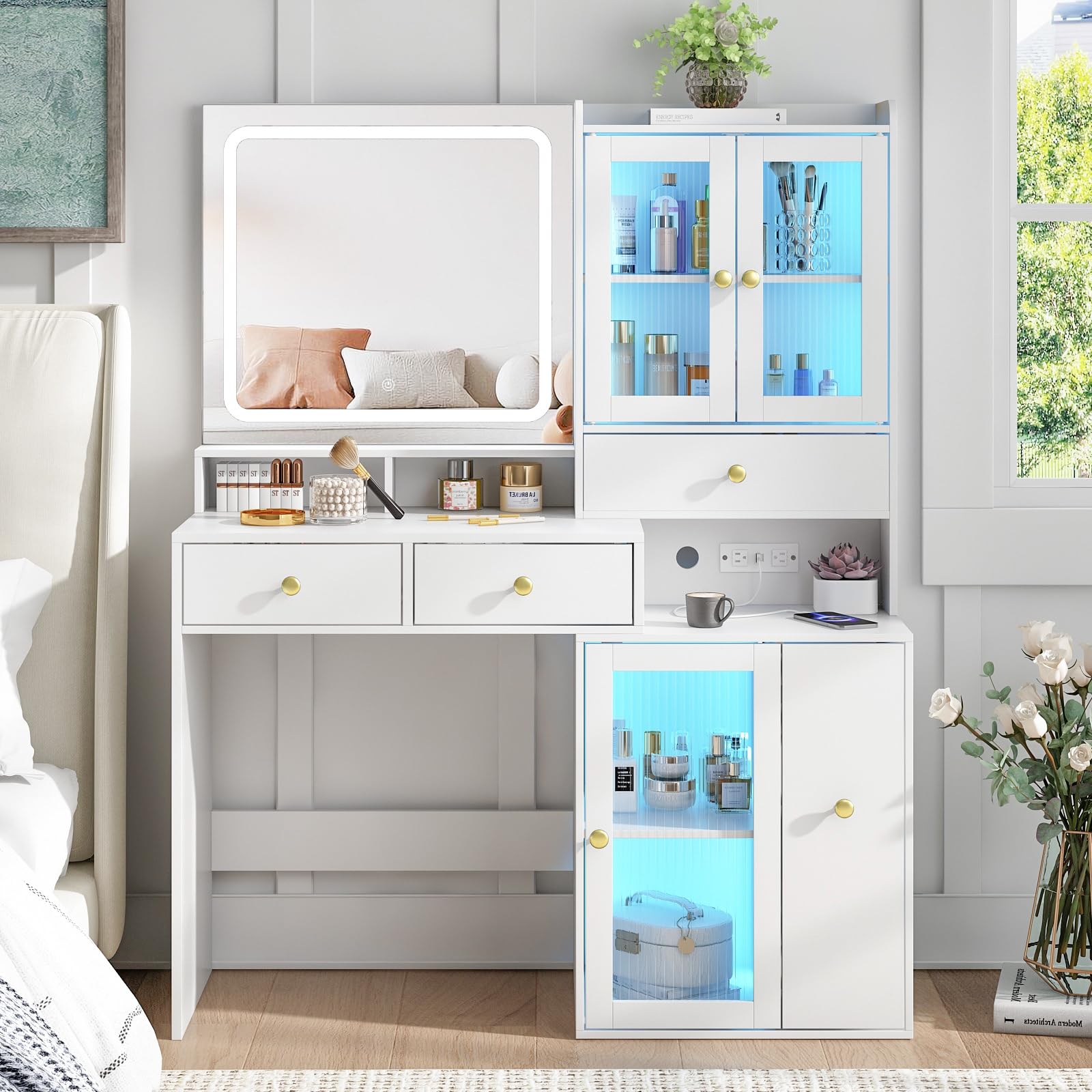 White Makeup Vanity Desk with LED Lights & Mirror - 4 Drawers, USB Charging Station & RGB Cabinet - Dressing Table for Bedroom, Beauty Salon, Home Decor