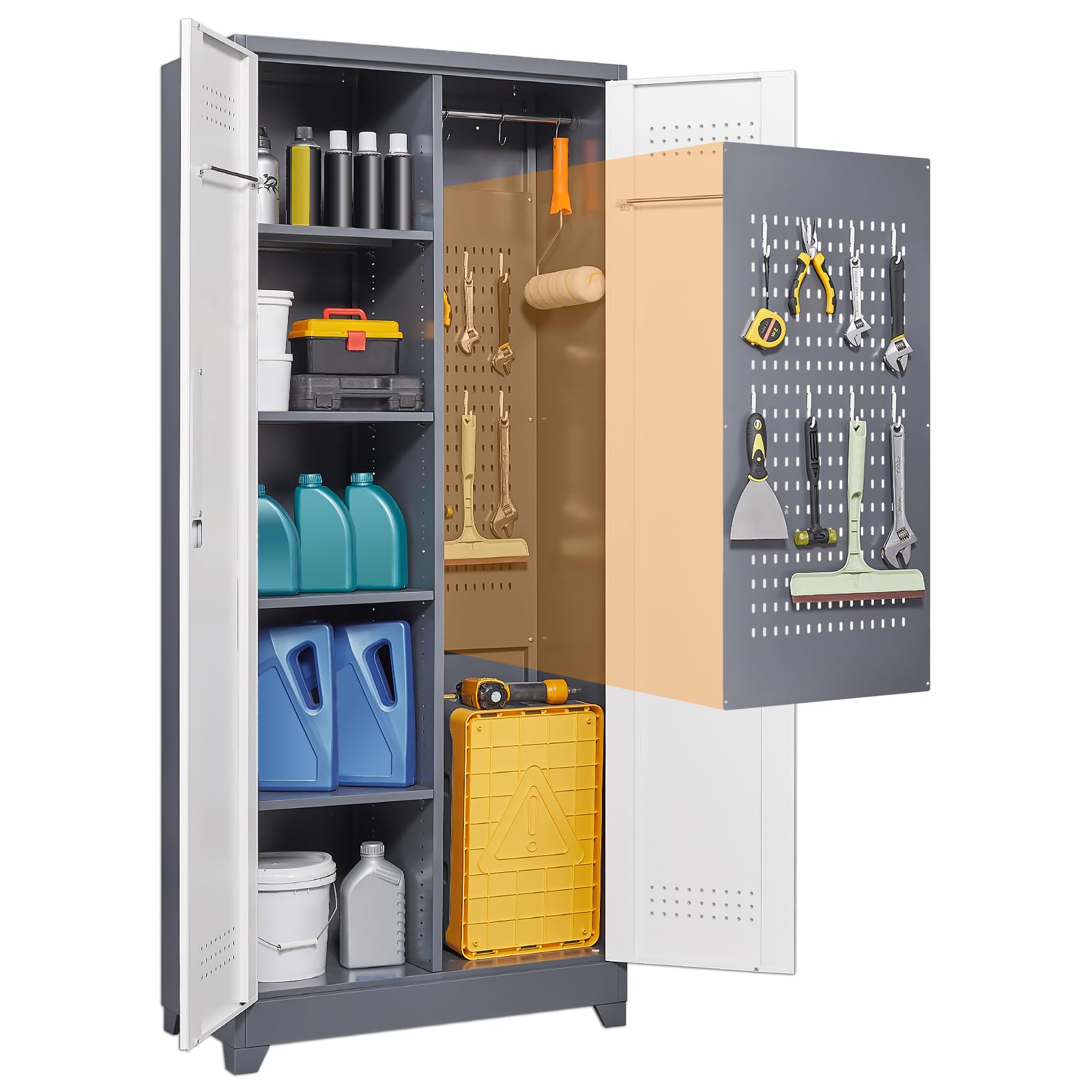 Broom Storage Cabinet with Hanging Rod & S-Hooks - Cleaning Supplies Organizer for Office, Garage, Laundry Room - Space Saving Utility Closet for Mops, Brooms and Cleaning Tools