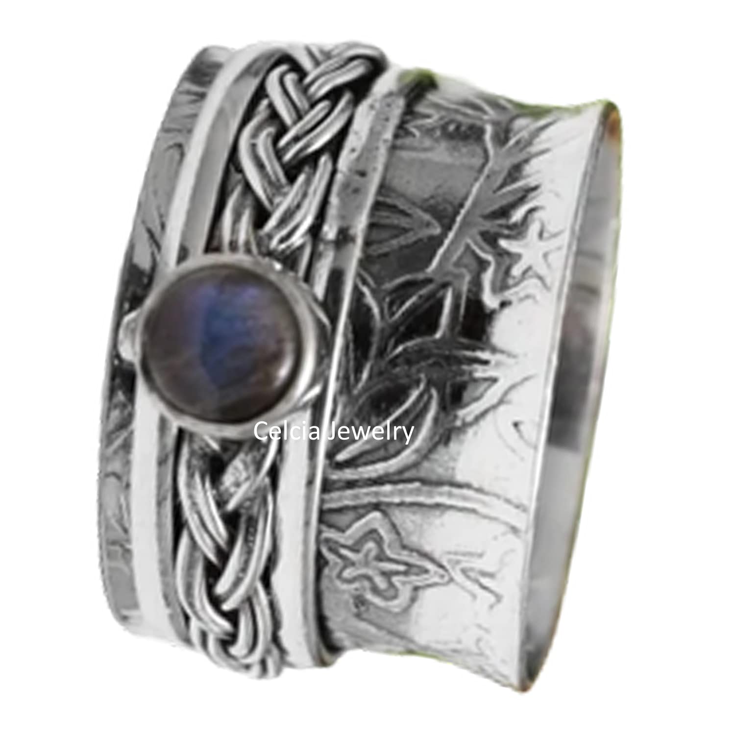 Genuine Labradorite Gemstone Silver Spinner Ring - Floral Anxiety Relief & Meditation Spinning Ring for Stress Relief, Unisex Gift (Size 7) | Perfect for Fidgeting, Mindfulness Practice & Everyday Wear