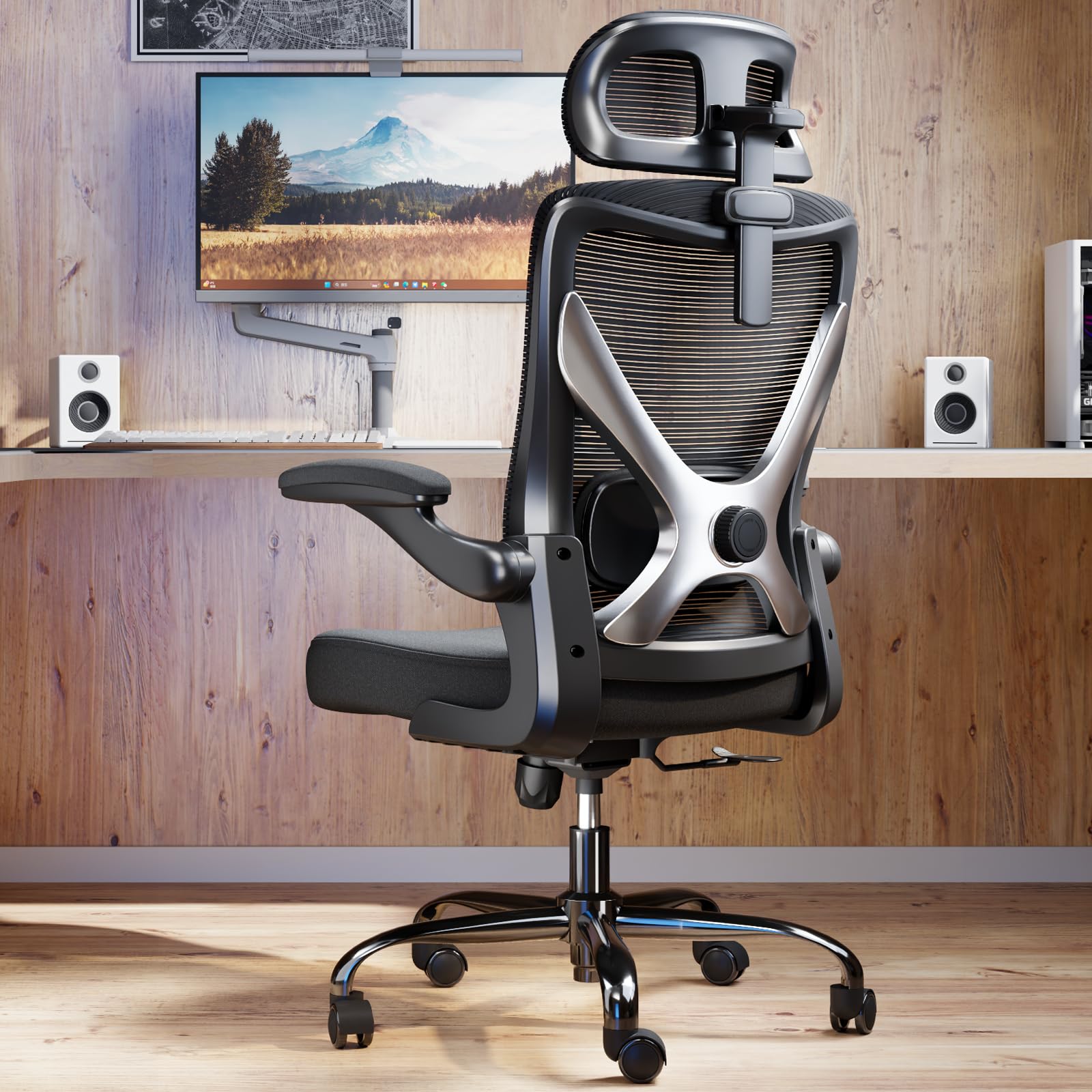 Ergonomic Office Chair with Lumbar Support & Headrest - X-Shaped Mesh Computer Desk Chair for Long Hours, Comfortable Gaming & Work Chair in Black Silver - Perfect for Home Office, Gaming Setup & Workspaces