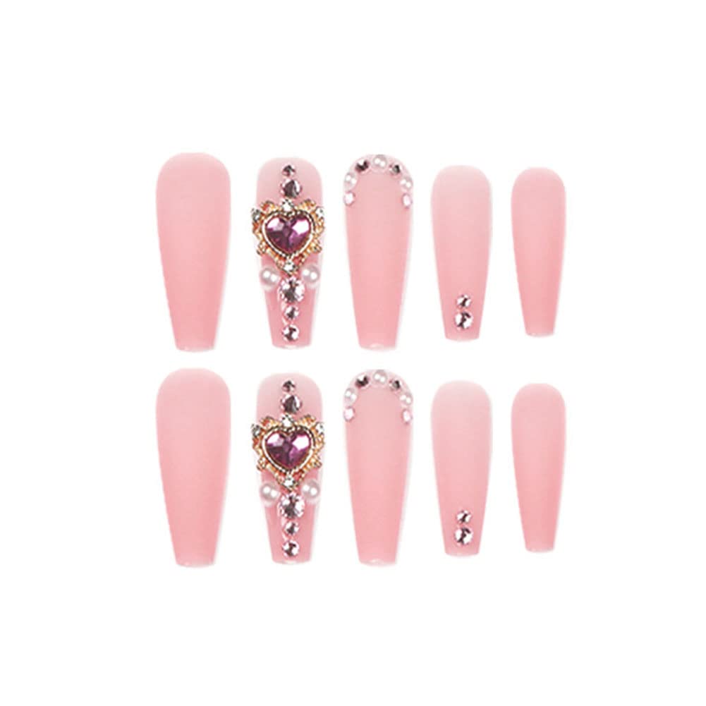 24Pcs Long Coffin Press on Nails with Diamond & Heart Shaped Gems - Glossy Ballerina Fake Nails for Women & Girls - Full Cover Clip on False Nails for Parties, Weddings & Special Occasions