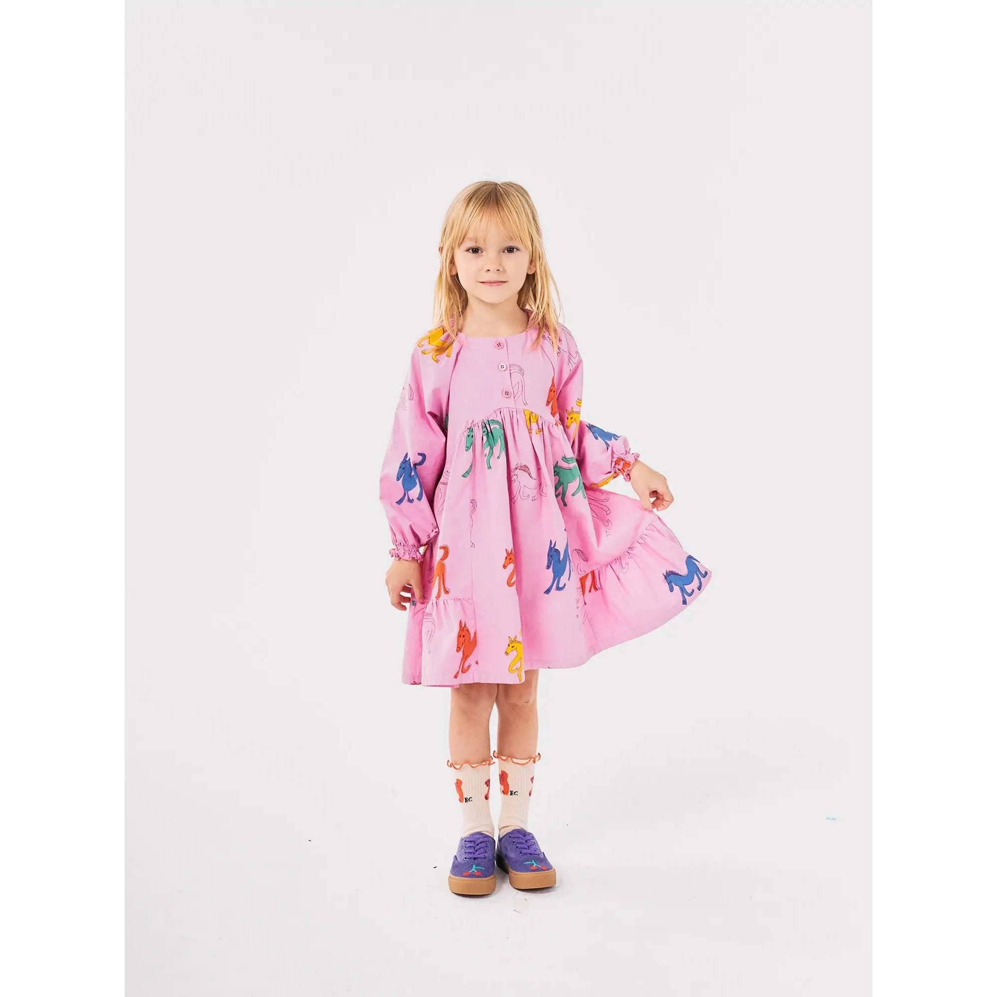 Bobo Choses Wonder Horse Woven Dress for Girls - Pink Floral Print, Comfortable & Stylish Casual Wear for Playdates, Parties & Everyday Outfits